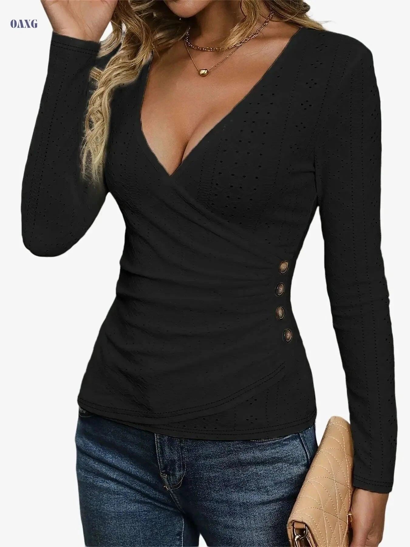 Elegant Women's V-Neck T-Shirt - Solid Color, Comfortable Fabric   OAXG Beige / S