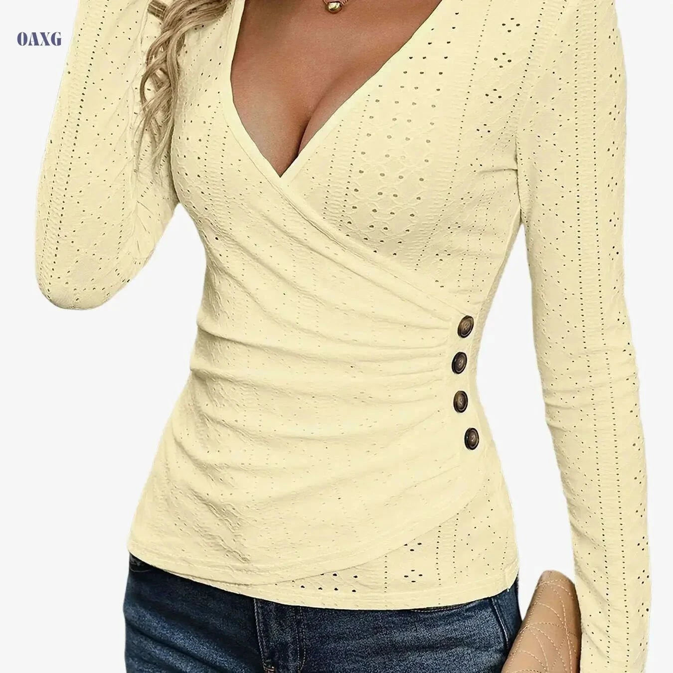Elegant Women's V-Neck T-Shirt - Solid Color, Comfortable Fabric   OAXG Beige / S