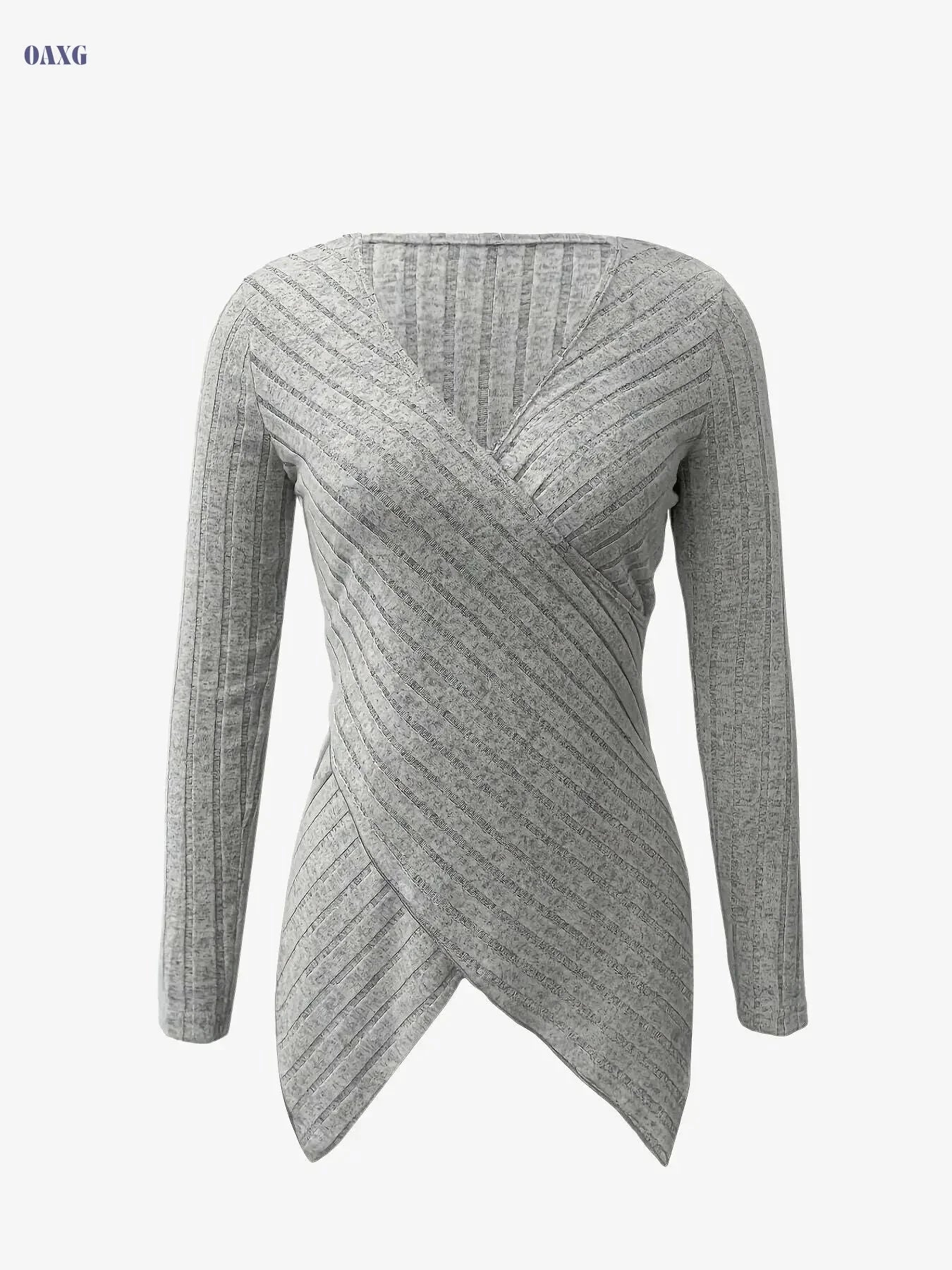 Elegant Women's V-Neck T-Shirt - Stretchy Knit Fabric, All Seasons   OAXG 