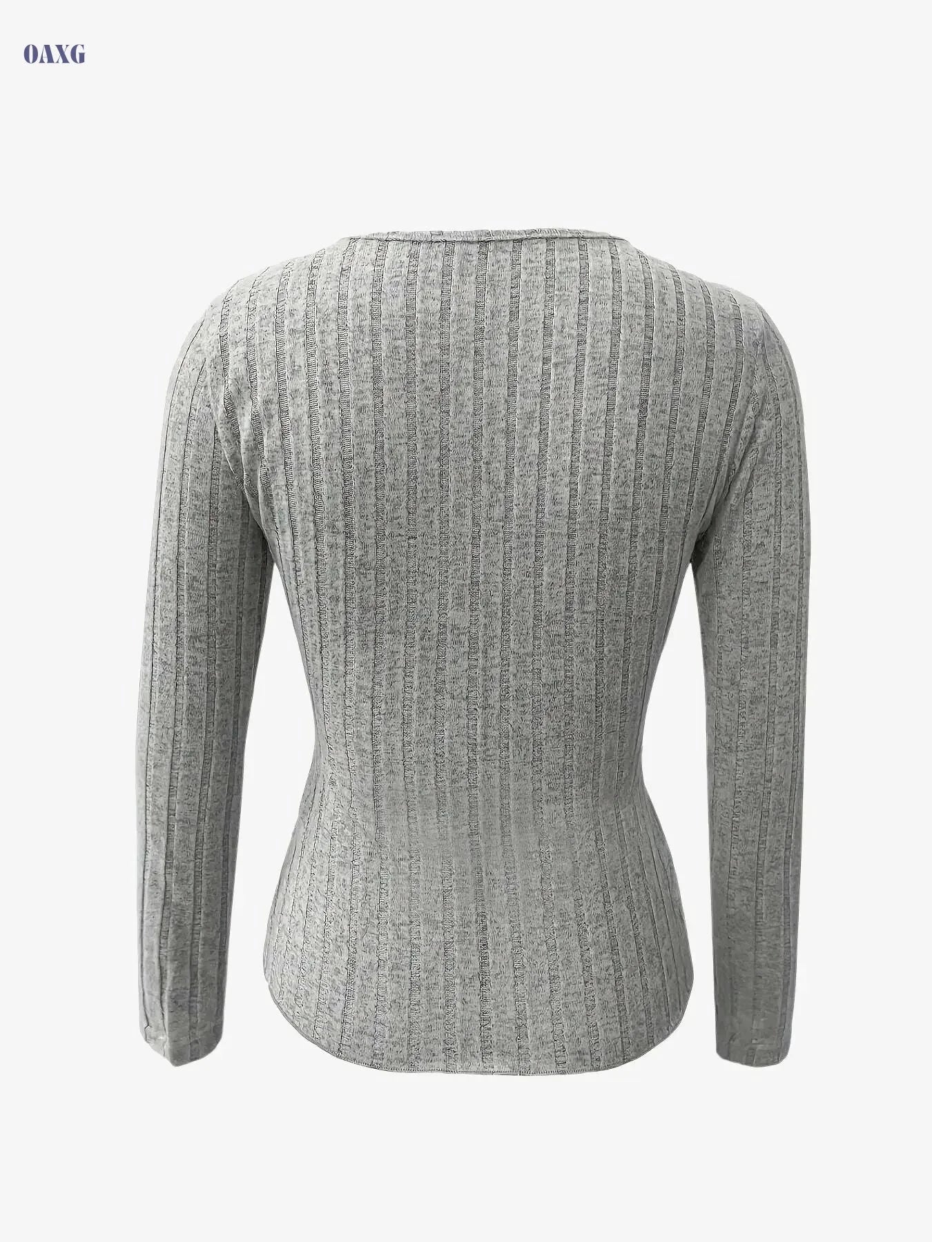 Elegant Women's V-Neck T-Shirt - Stretchy Knit Fabric, All Seasons   OAXG grey / S