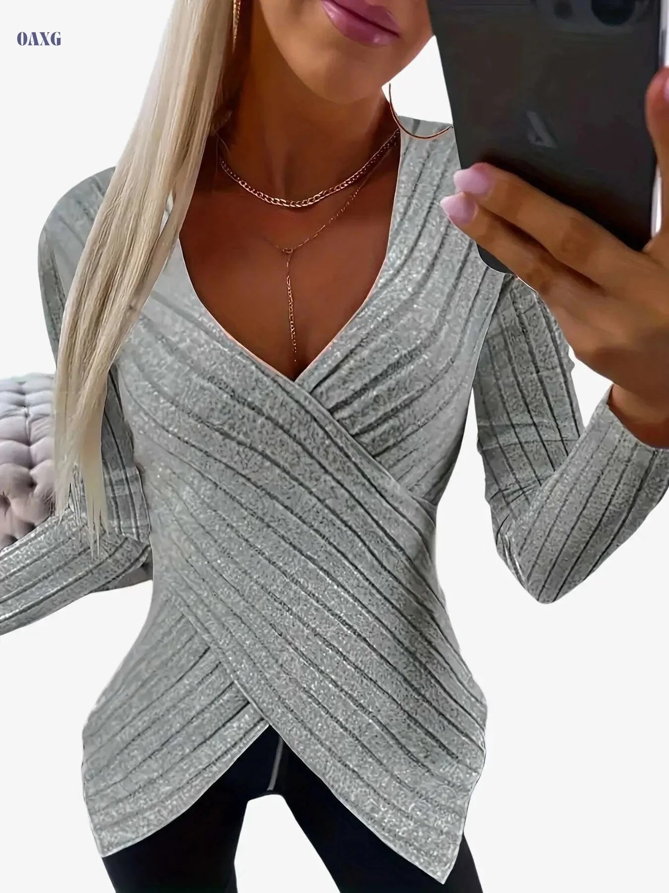 Elegant Women's V-Neck T-Shirt - Stretchy Knit Fabric, All Seasons   OAXG grey / S