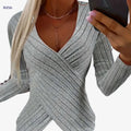 Elegant Women's V-Neck T-Shirt - Stretchy Knit Fabric, All Seasons   OAXG grey / S