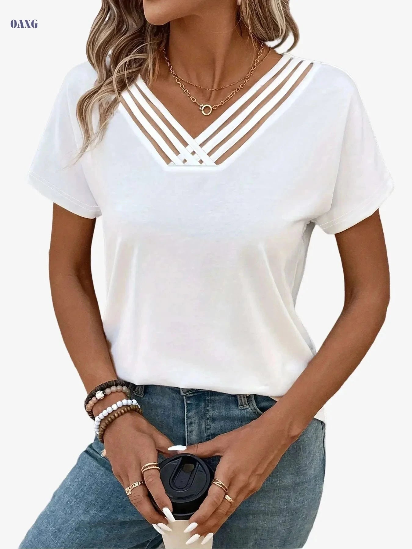 Elegant Women's V-Neck Top - Cross Neckline, Machine Washable Blouse   OAXG White / S