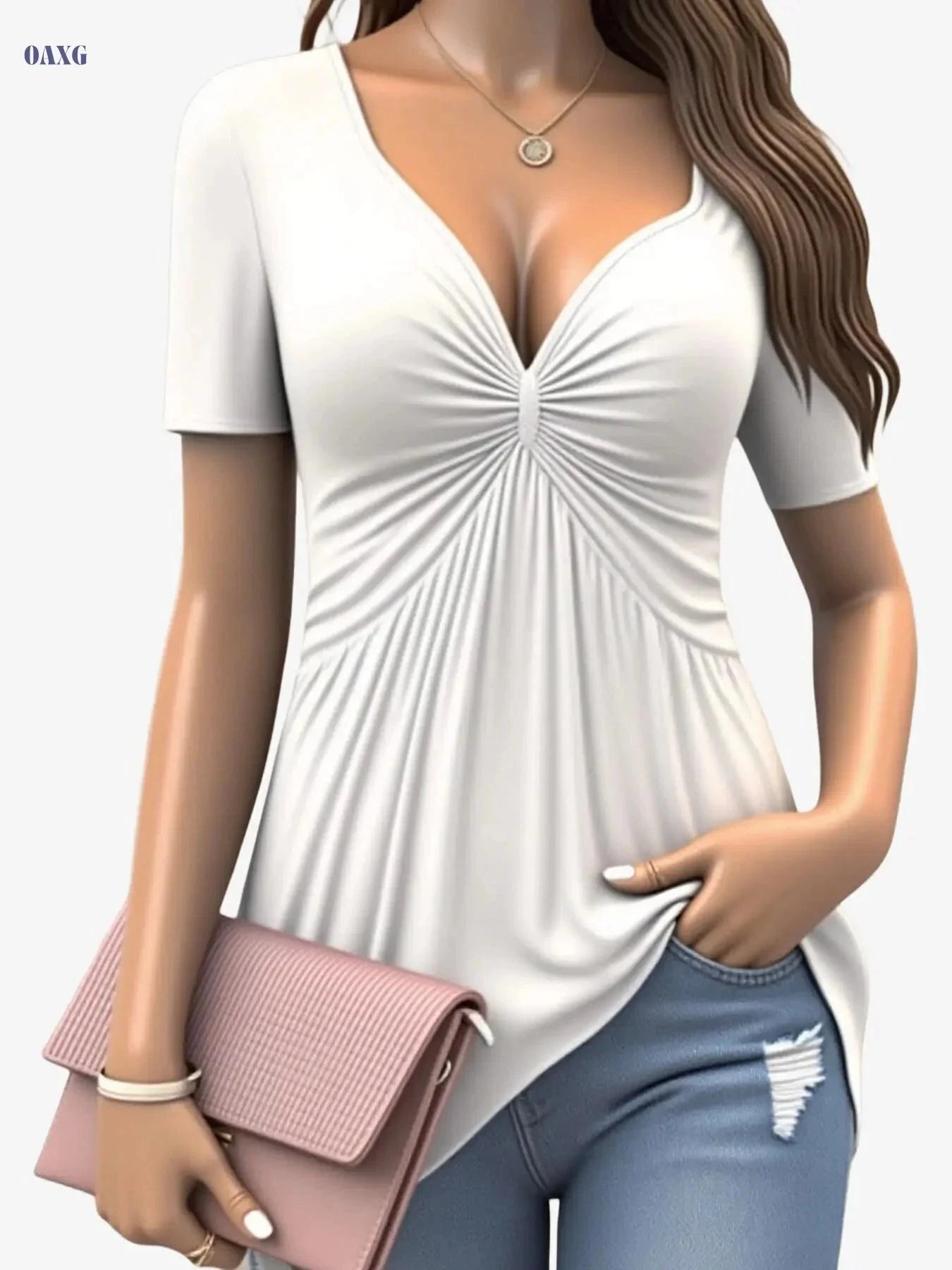 Elegant Women’s V-Neck Twist Blouse - Ruffled Hem for Spring/Fall   OAXG 