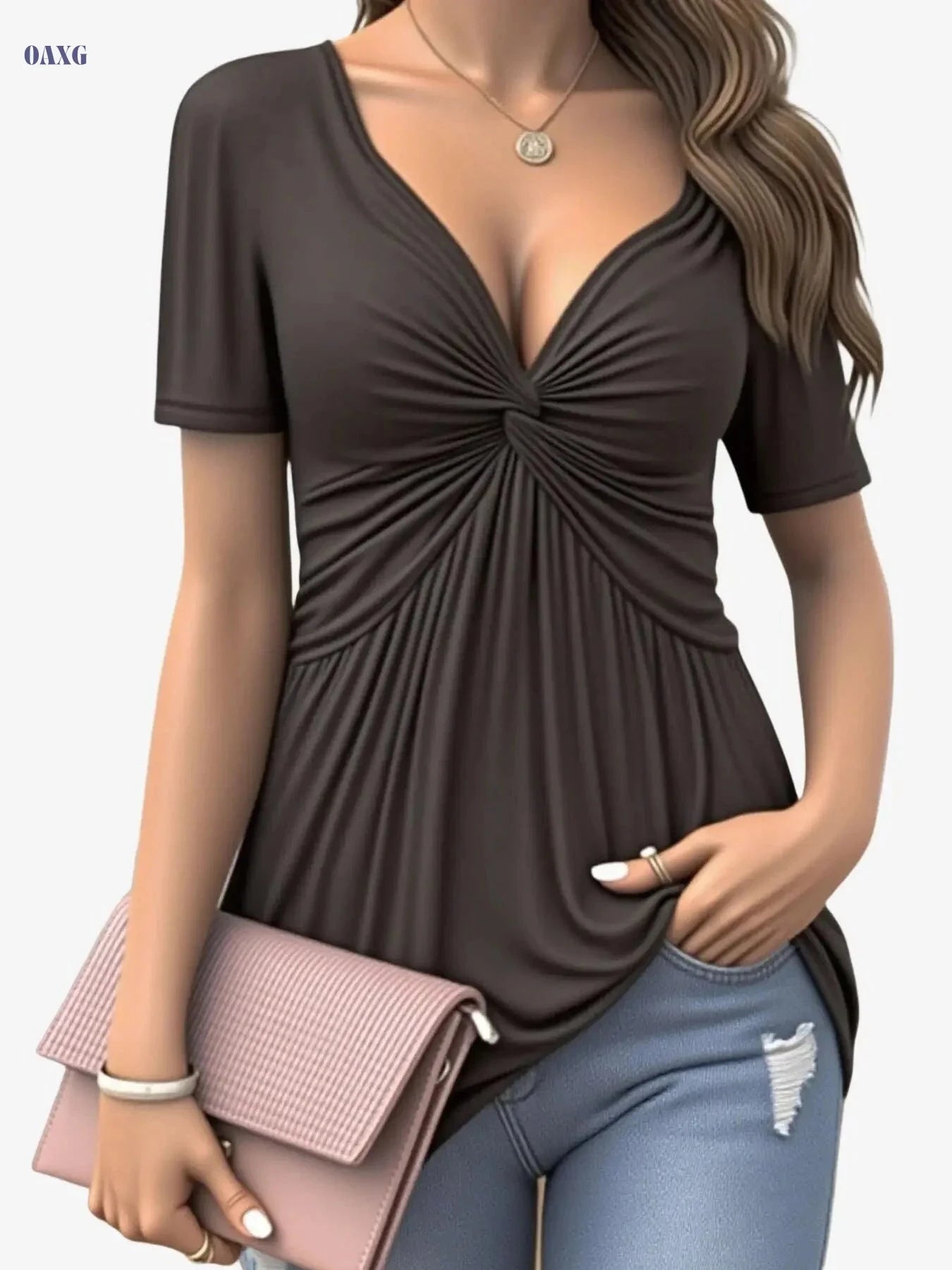 Elegant Women’s V-Neck Twist Blouse - Ruffled Hem for Spring/Fall   OAXG 