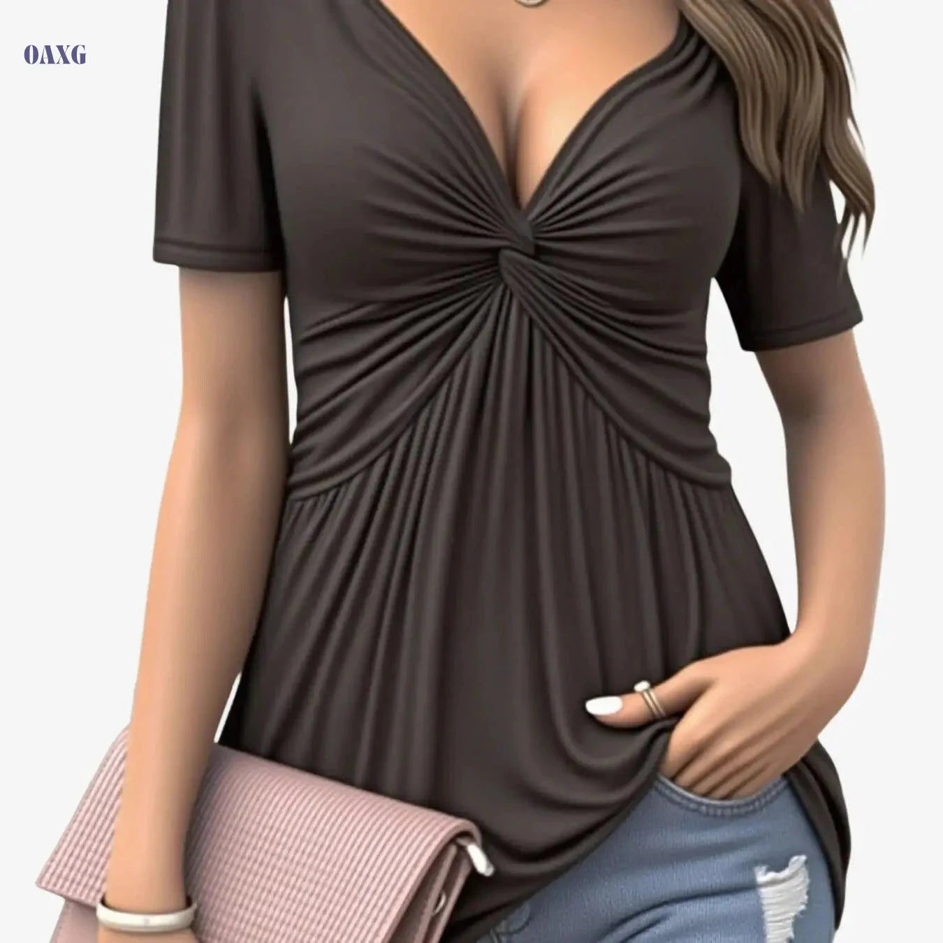 Elegant Women’s V-Neck Twist Blouse - Ruffled Hem for Spring/Fall   OAXG Black / S