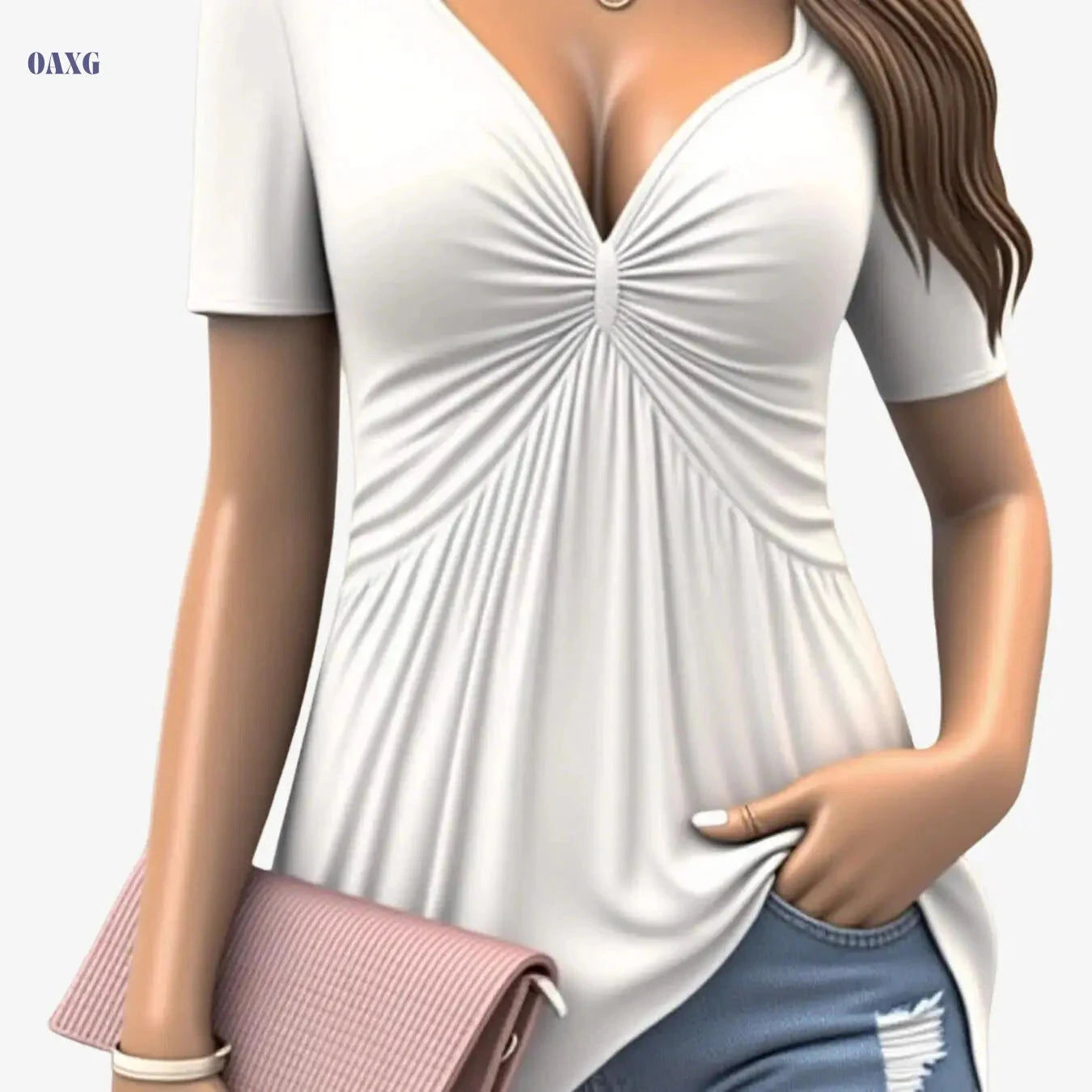 Elegant Women’s V-Neck Twist Blouse - Ruffled Hem for Spring/Fall   OAXG 