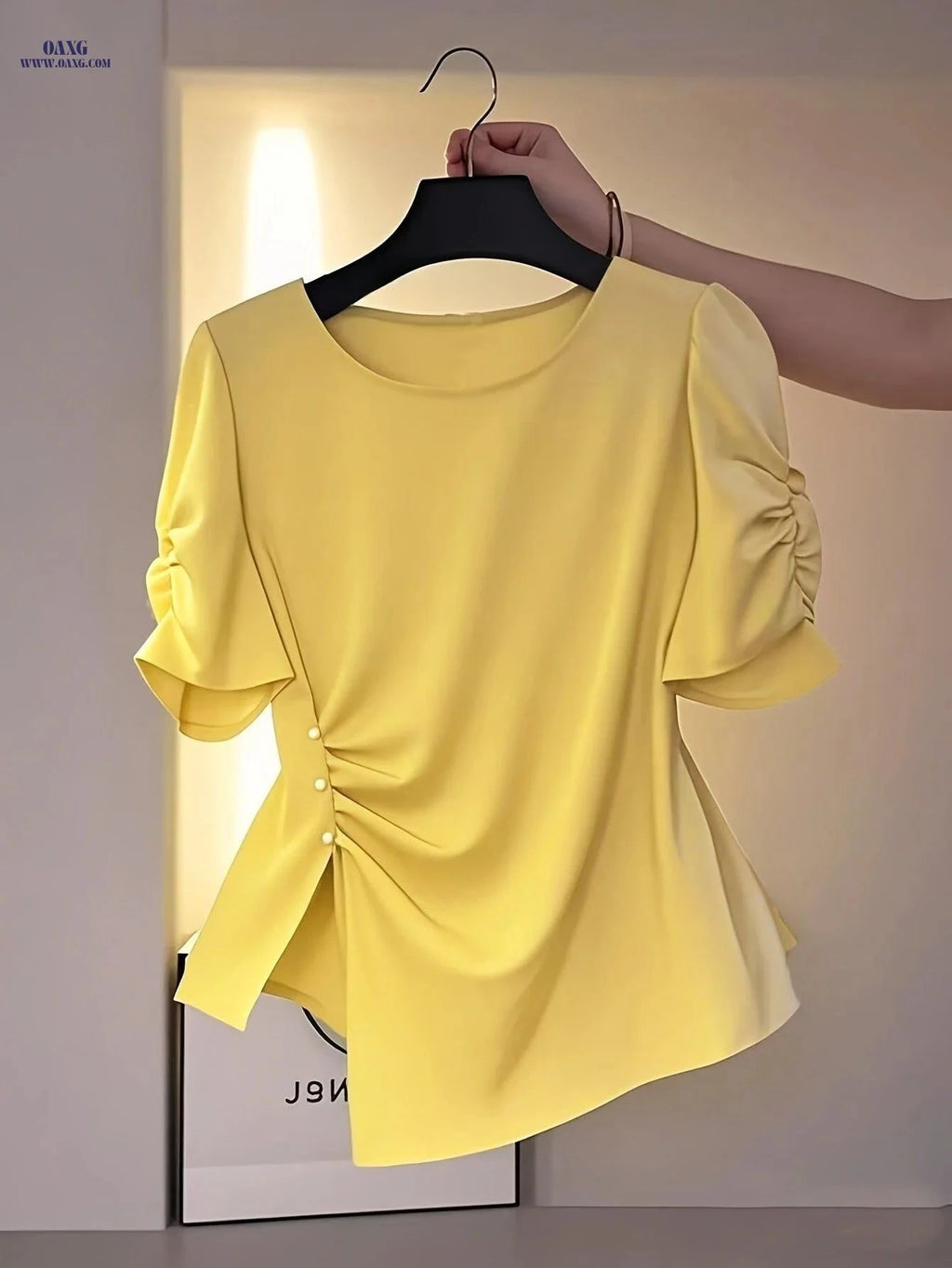 Elegant Women's Waist-Cinching Ruched Blouse - Short Sleeve Shirt   OAXG Khaki / S