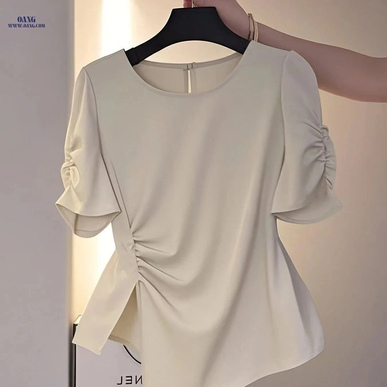 Elegant Women's Waist-Cinching Ruched Blouse - Short Sleeve Shirt   OAXG Khaki / S