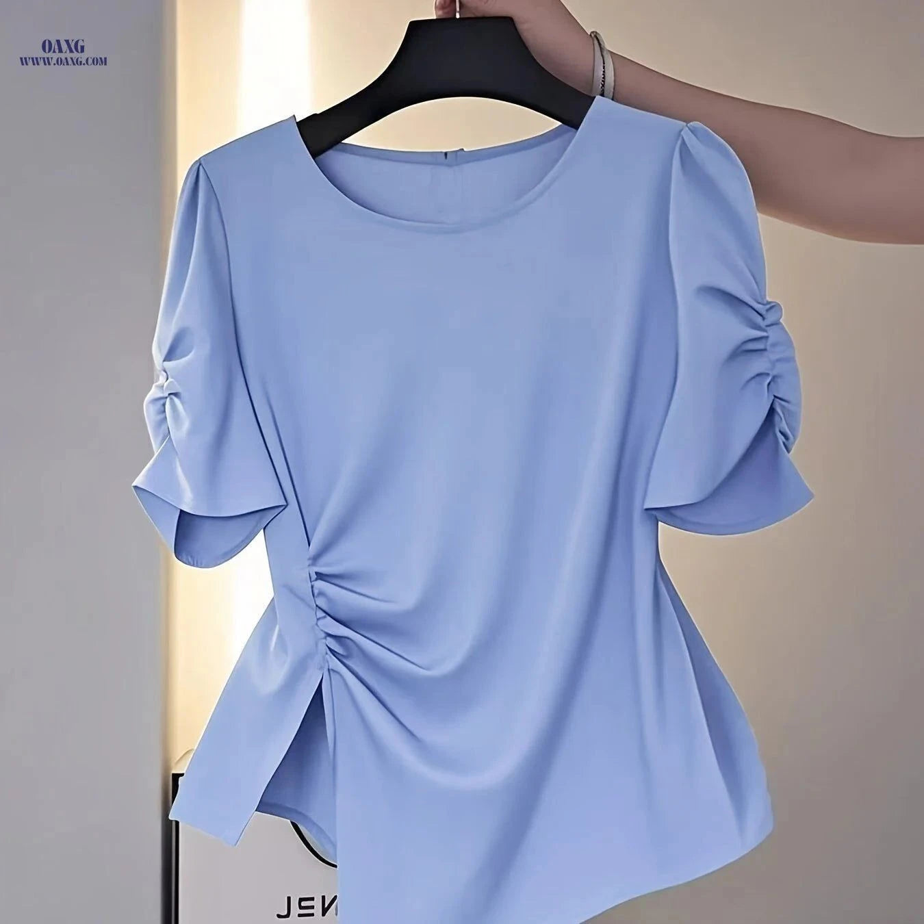 Elegant Women's Waist-Cinching Ruched Blouse - Short Sleeve Shirt   OAXG Khaki / S