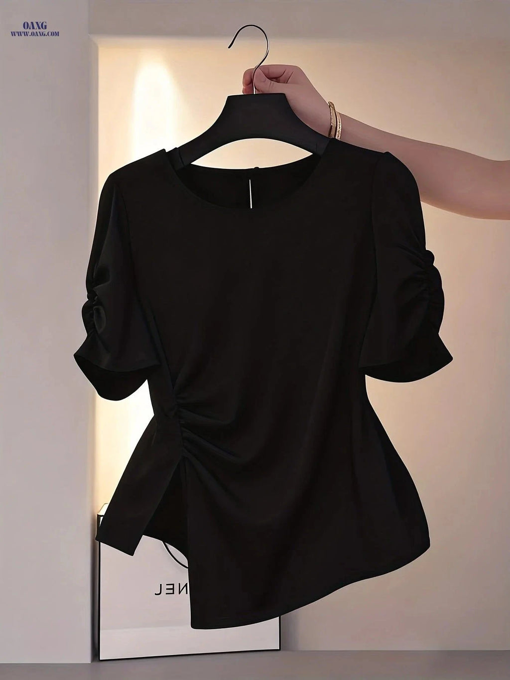 Elegant Women's Waist-Cinching Ruched Blouse - Short Sleeve Shirt   OAXG Khaki / S