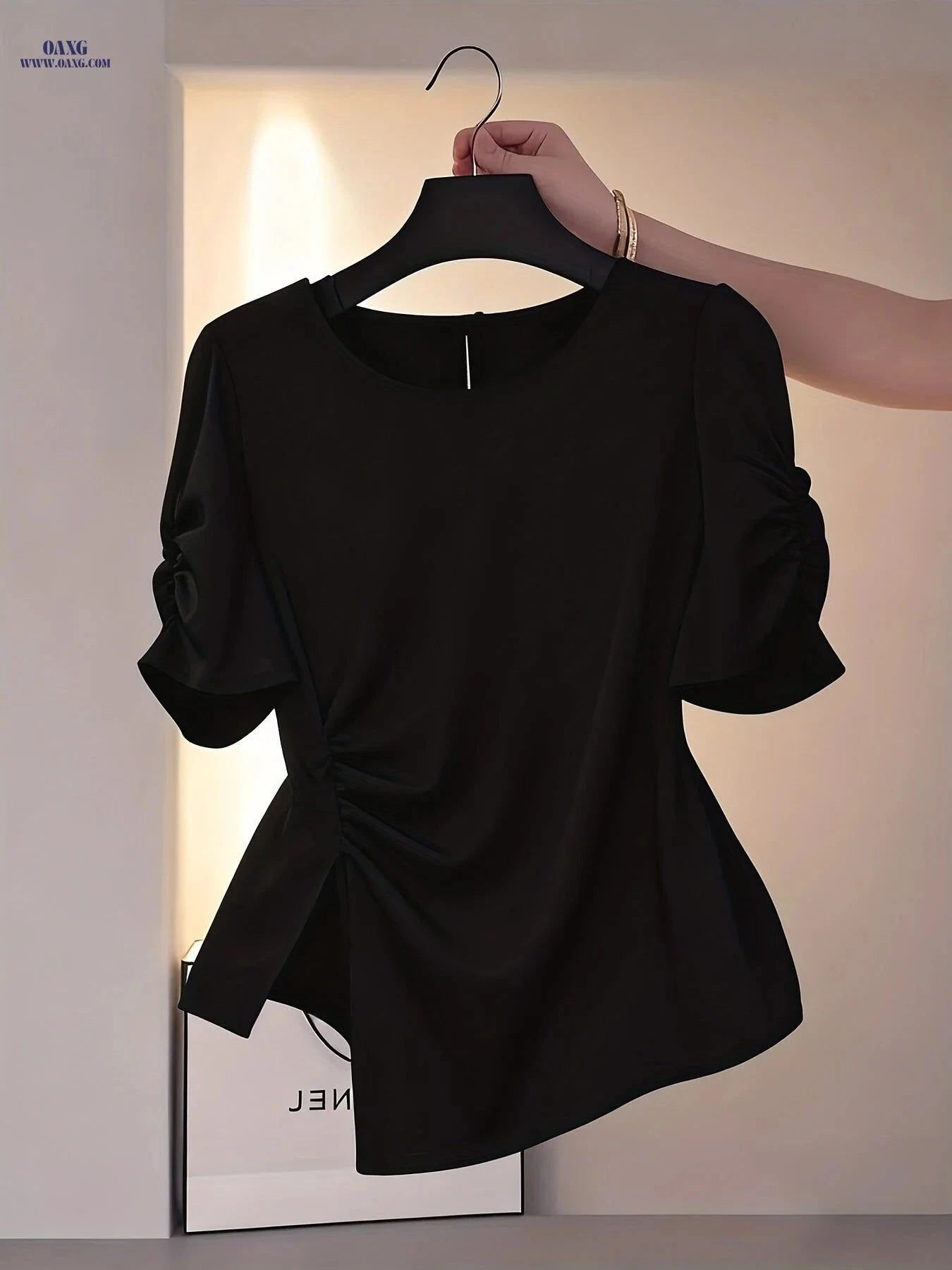 Elegant Women's Waist-Cinching Ruched Blouse - Short Sleeve Shirt   OAXG Khaki / S