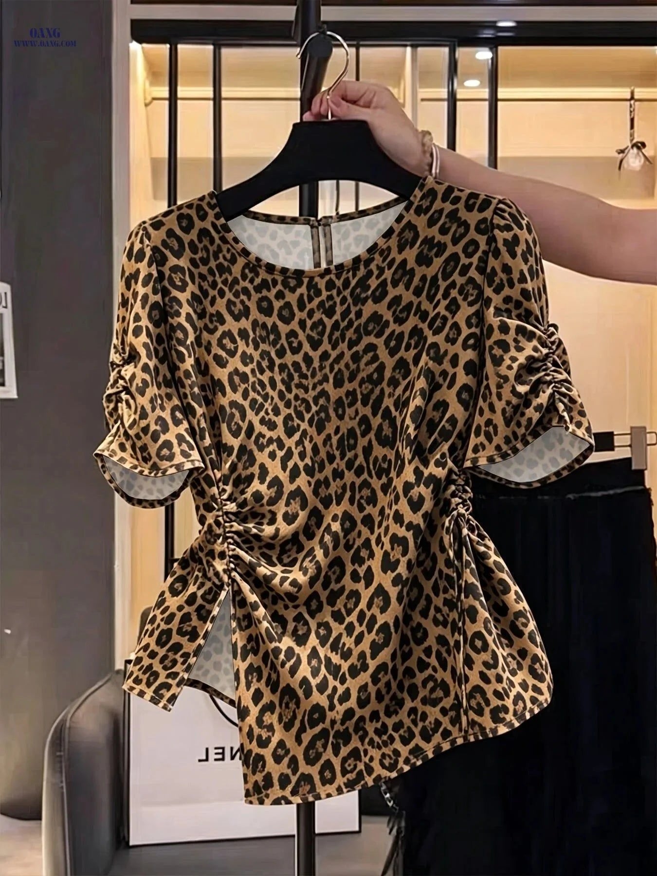 Elegant Women's Waist-Cinching Ruched Blouse - Short Sleeve Shirt   OAXG Khaki / S