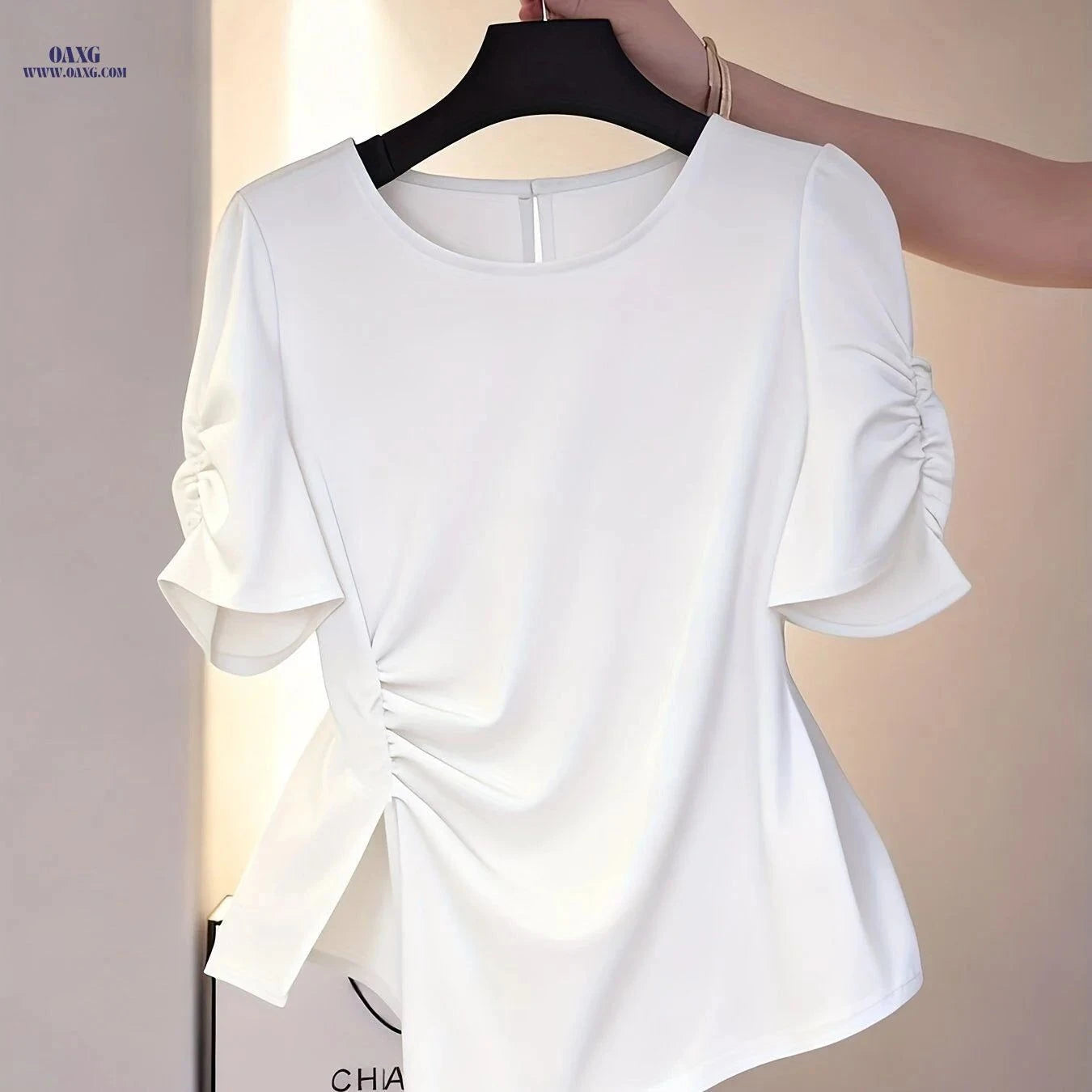 Elegant Women's Waist-Cinching Ruched Blouse - Short Sleeve Shirt   OAXG Khaki / S