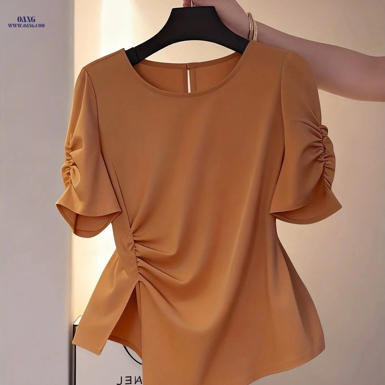 Elegant Women's Waist-Cinching Ruched Blouse - Short Sleeve Shirt   OAXG Khaki / S