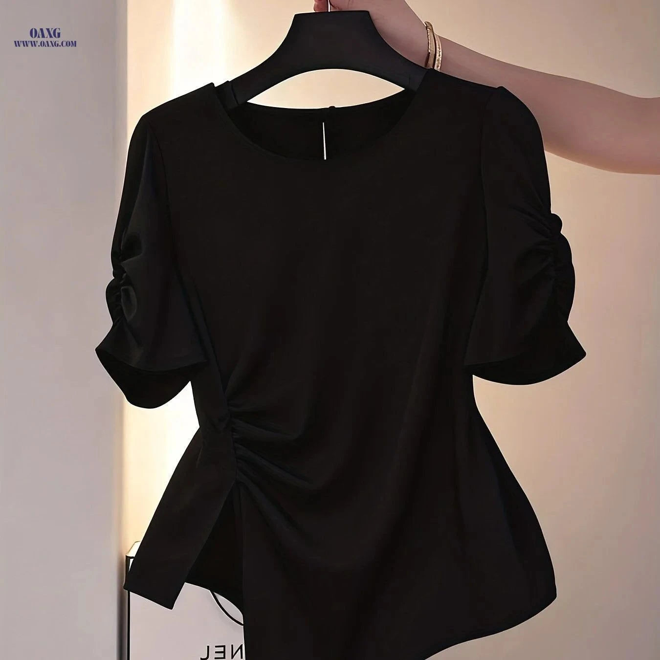 Elegant Women's Waist-Cinching Ruched Blouse - Short Sleeve Shirt   OAXG Khaki / S