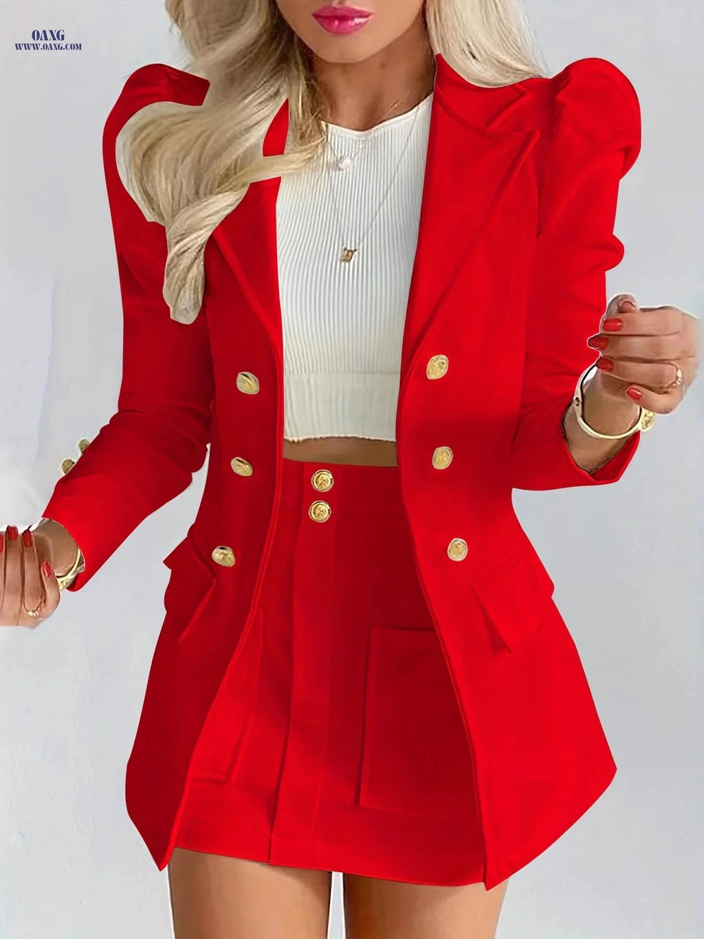 Elegant Women's White Casual Blazer Skirt Set - Spring/Summer Fashion   OAXG 