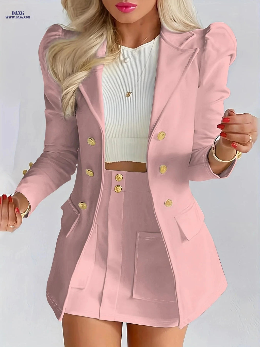 Elegant Women's White Casual Blazer Skirt Set - Spring/Summer Fashion   OAXG 