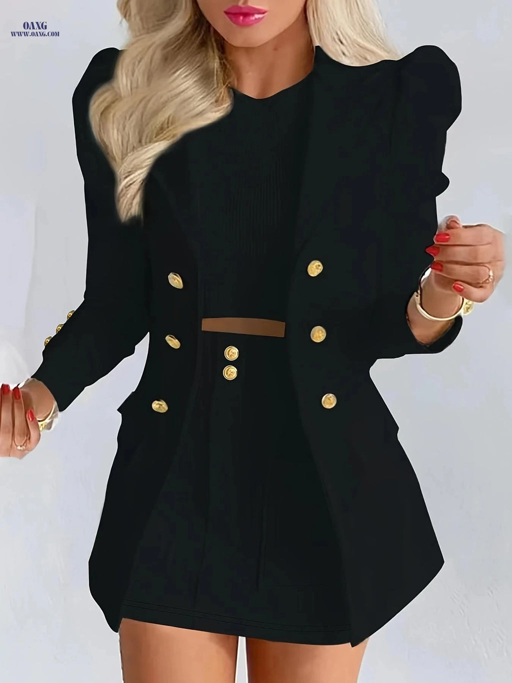 Elegant Women's White Casual Blazer Skirt Set - Spring/Summer Fashion   OAXG Black / M