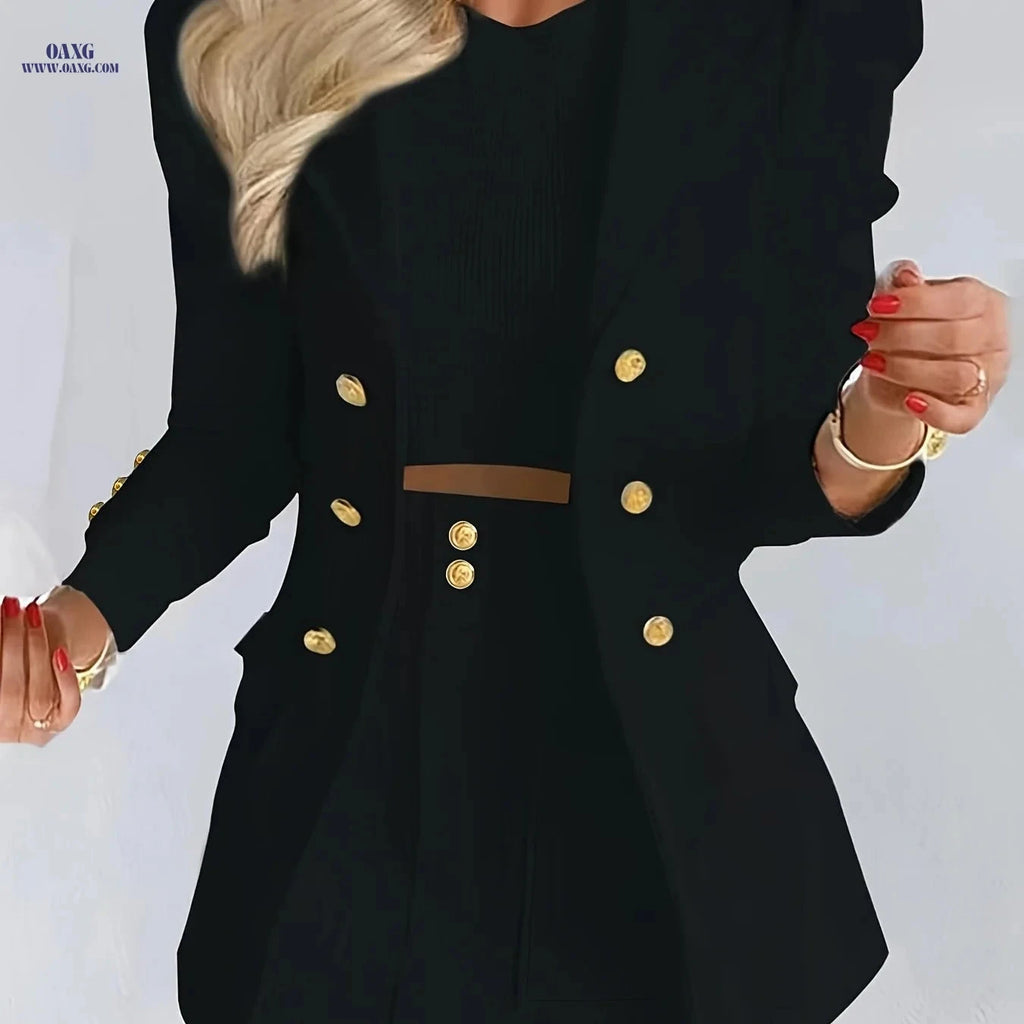 Elegant Women's White Casual Blazer Skirt Set - Spring/Summer Fashion   OAXG Black / M
