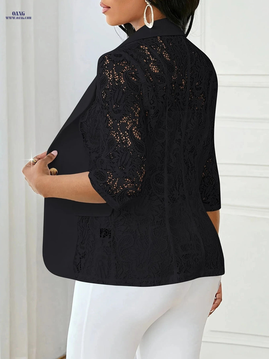 Elegant Women’s White Suit Jacket - Black Lace Trim, Three-Quarter Sleeve   OAXG 