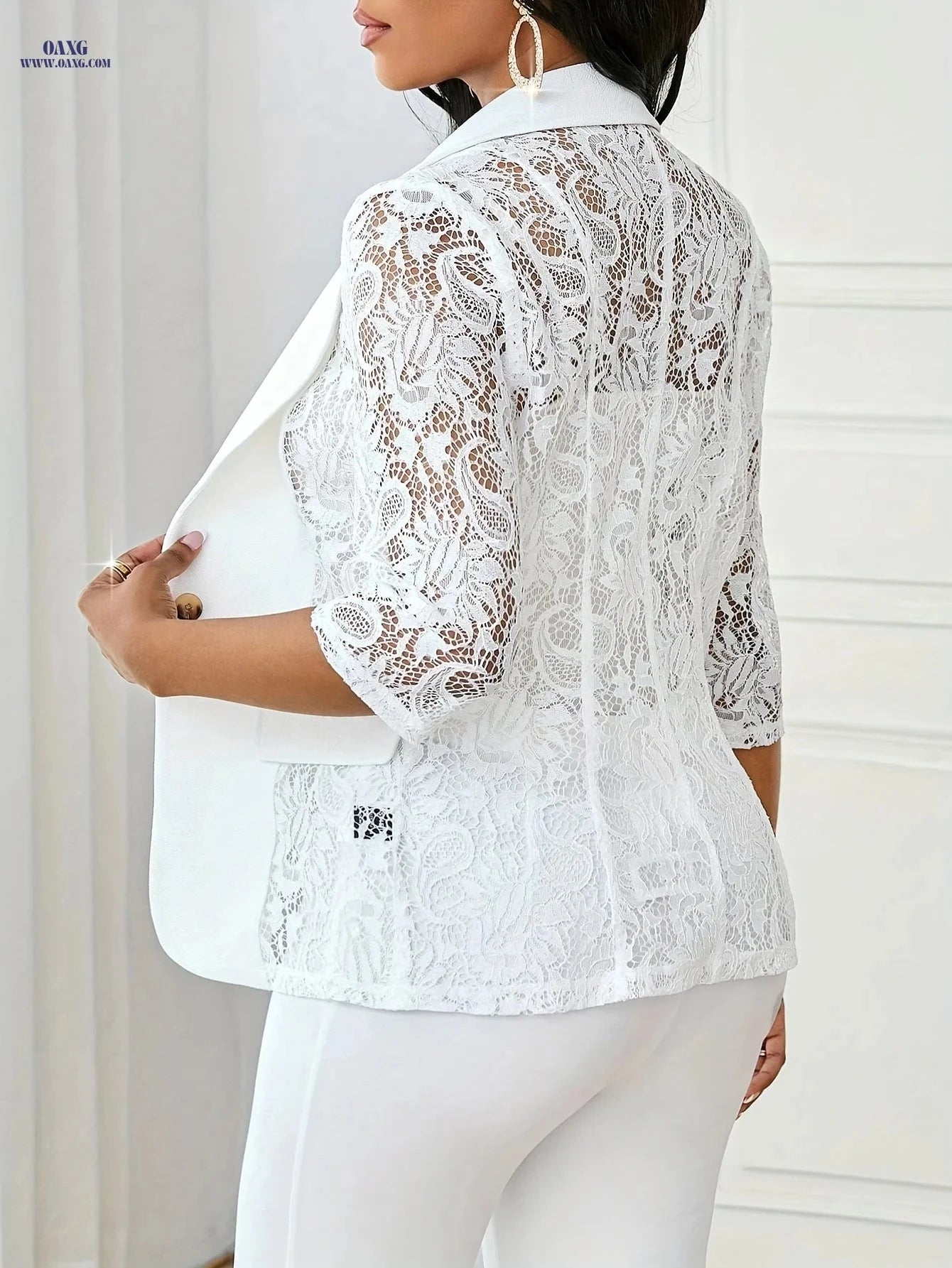 Elegant Women’s White Suit Jacket - Black Lace Trim, Three-Quarter Sleeve   OAXG 