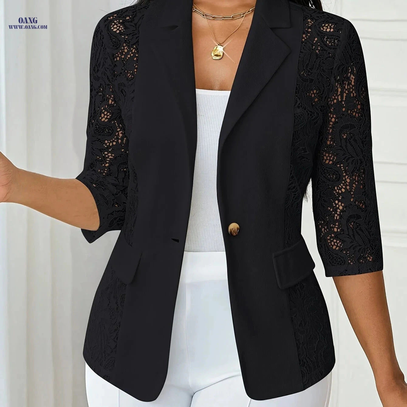 Elegant Women’s White Suit Jacket - Black Lace Trim, Three-Quarter Sleeve   OAXG 
