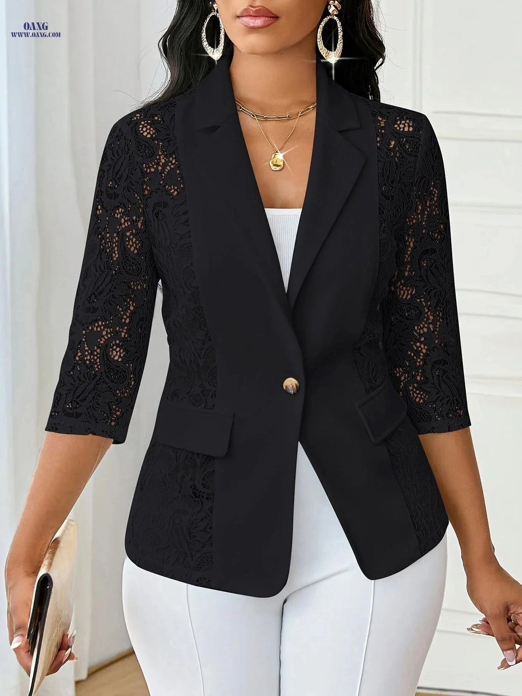 Elegant Women’s White Suit Jacket - Black Lace Trim, Three-Quarter Sleeve   OAXG White / S