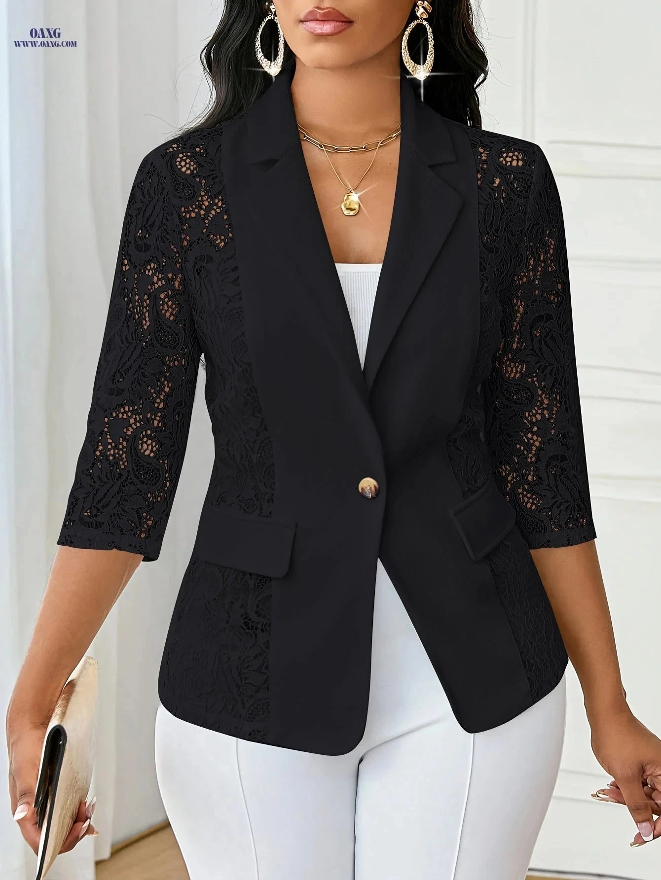 Elegant Women’s White Suit Jacket - Black Lace Trim, Three-Quarter Sleeve   OAXG White / S