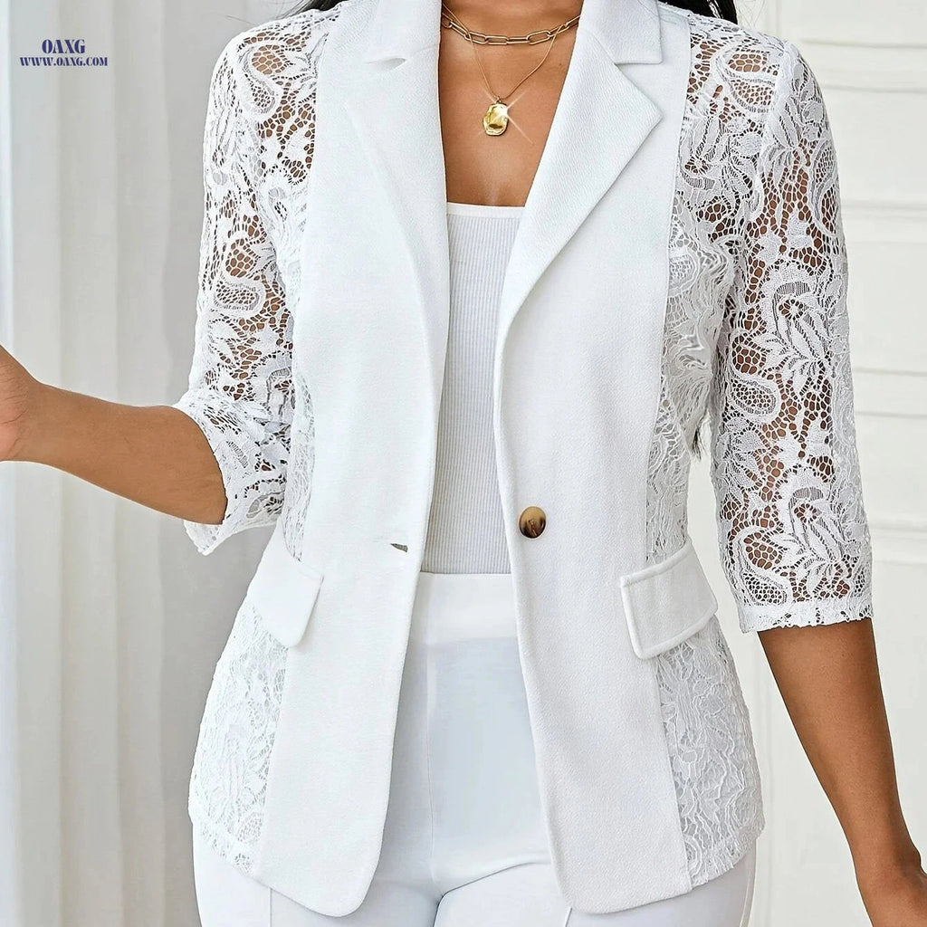 Elegant Women’s White Suit Jacket - Black Lace Trim, Three-Quarter Sleeve   OAXG White / S