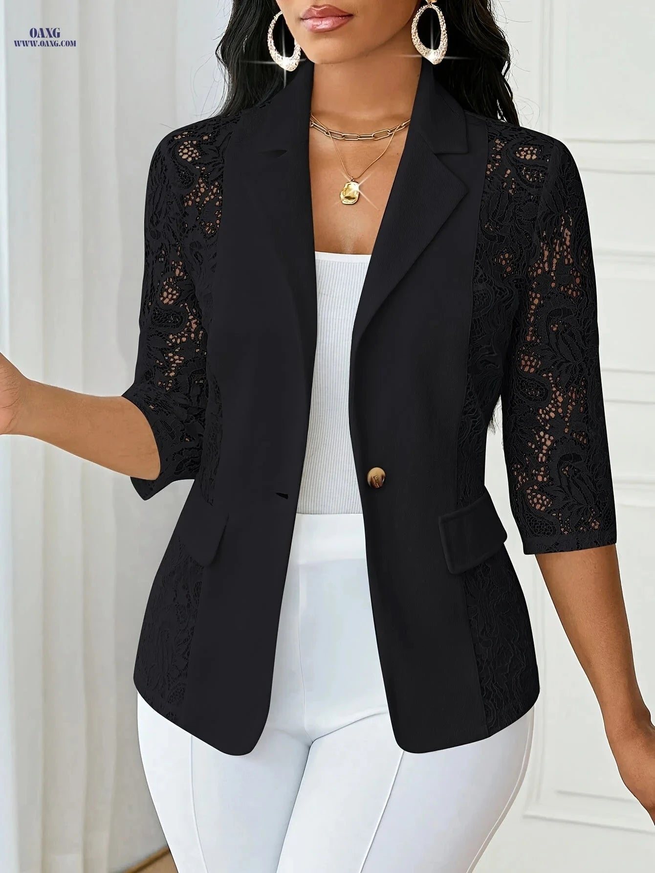 Elegant Women’s White Suit Jacket - Black Lace Trim, Three-Quarter Sleeve   OAXG White / S
