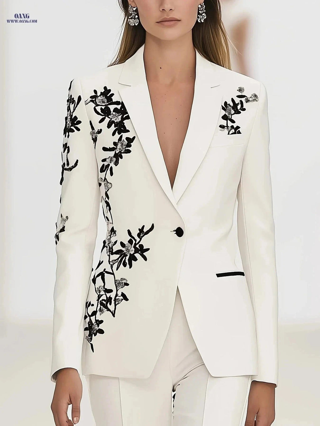 Elegant Women's White Suit with Black Embroidery - Professional Look   OAXG White / S