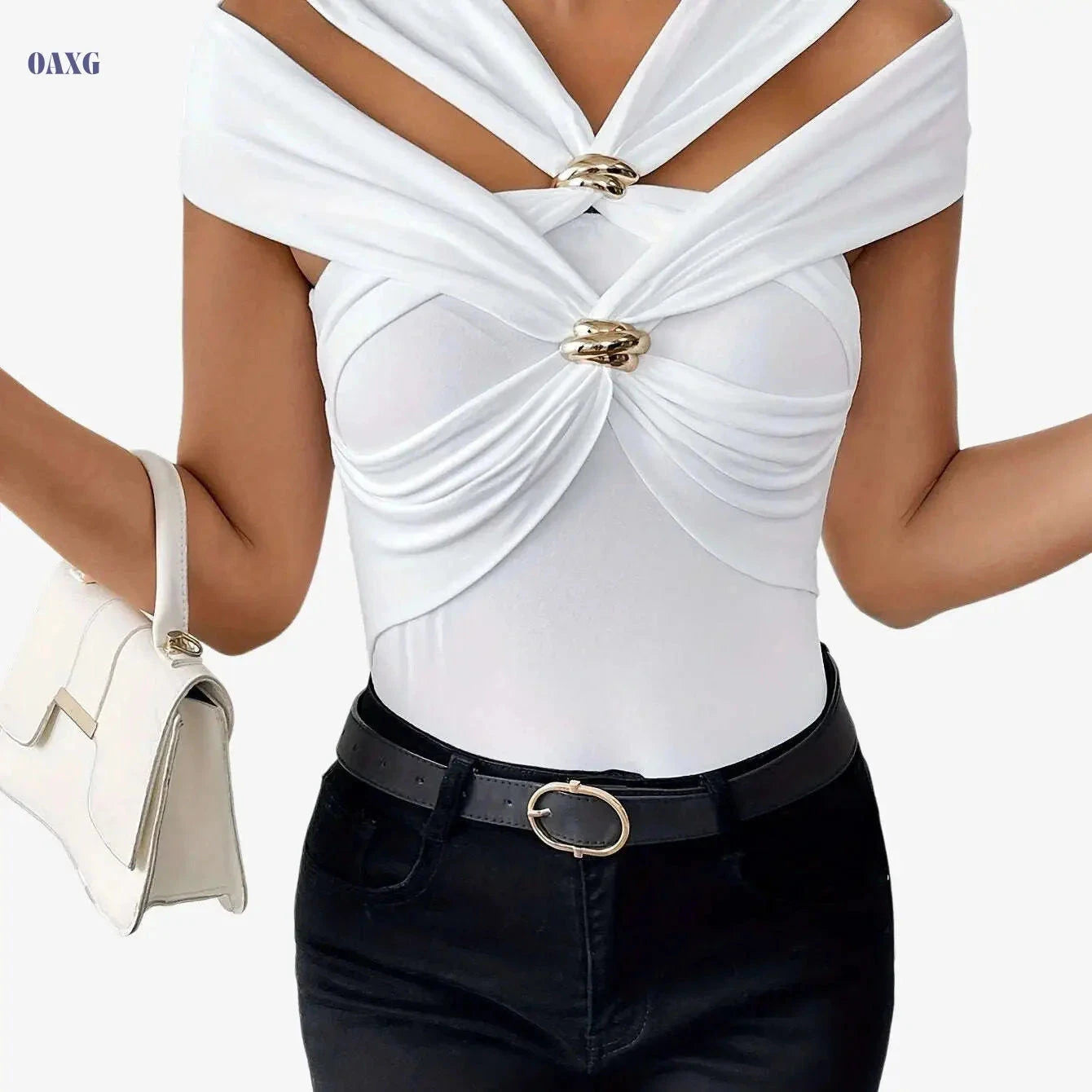 Elegant Women's White V-Neck T-Shirt - Chic Short Sleeve Design   OAXG 
