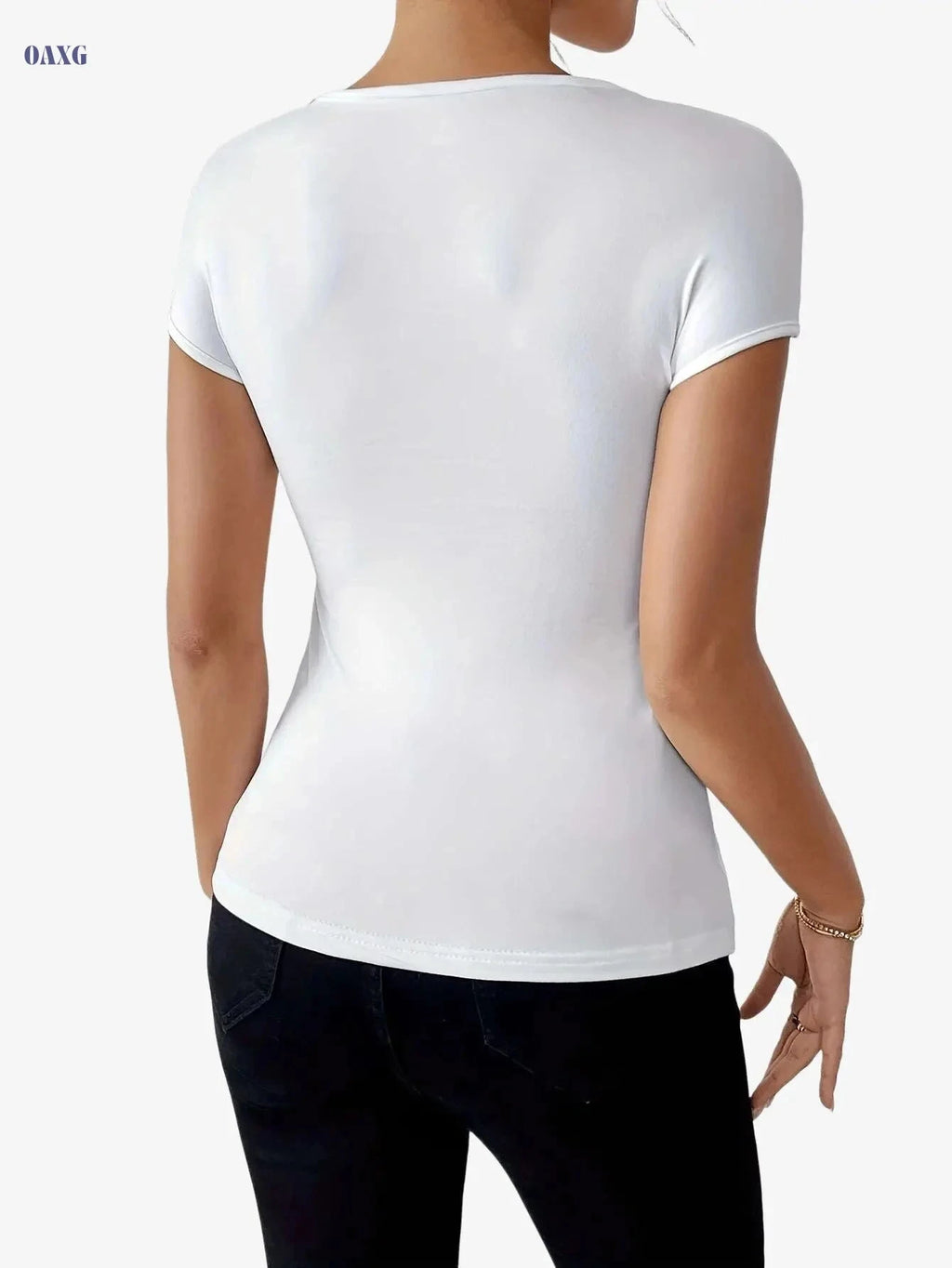 Elegant Women's White V-Neck T-Shirt - Chic Short Sleeve Design   OAXG White / XS