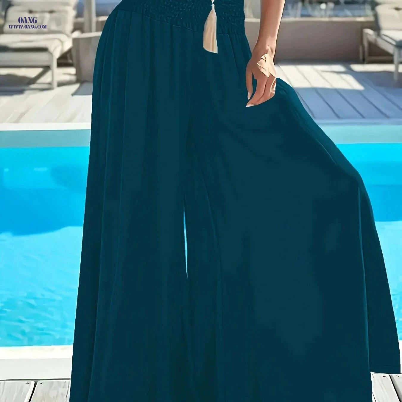 Elegant Women's Wide-Leg Flare Pants - Ruched Waist & Pockets   OAXG 