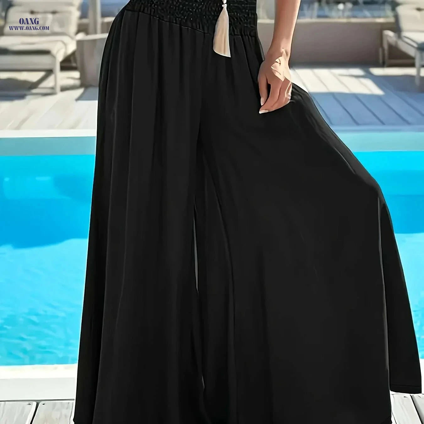 Elegant Women's Wide-Leg Flare Pants - Ruched Waist & Pockets   OAXG 