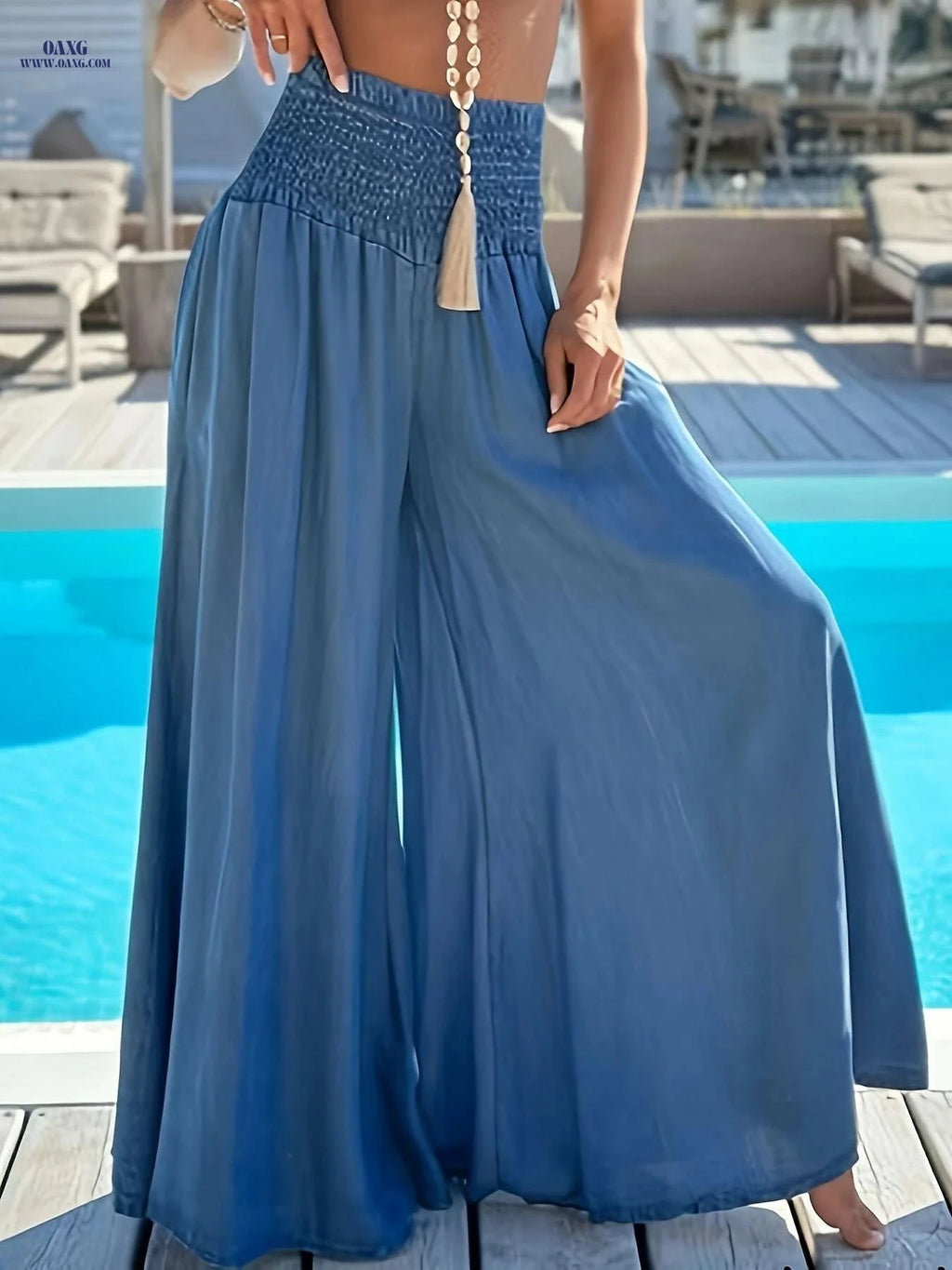 Elegant Women's Wide-Leg Flare Pants - Ruched Waist & Pockets   OAXG Coffee color / XS
