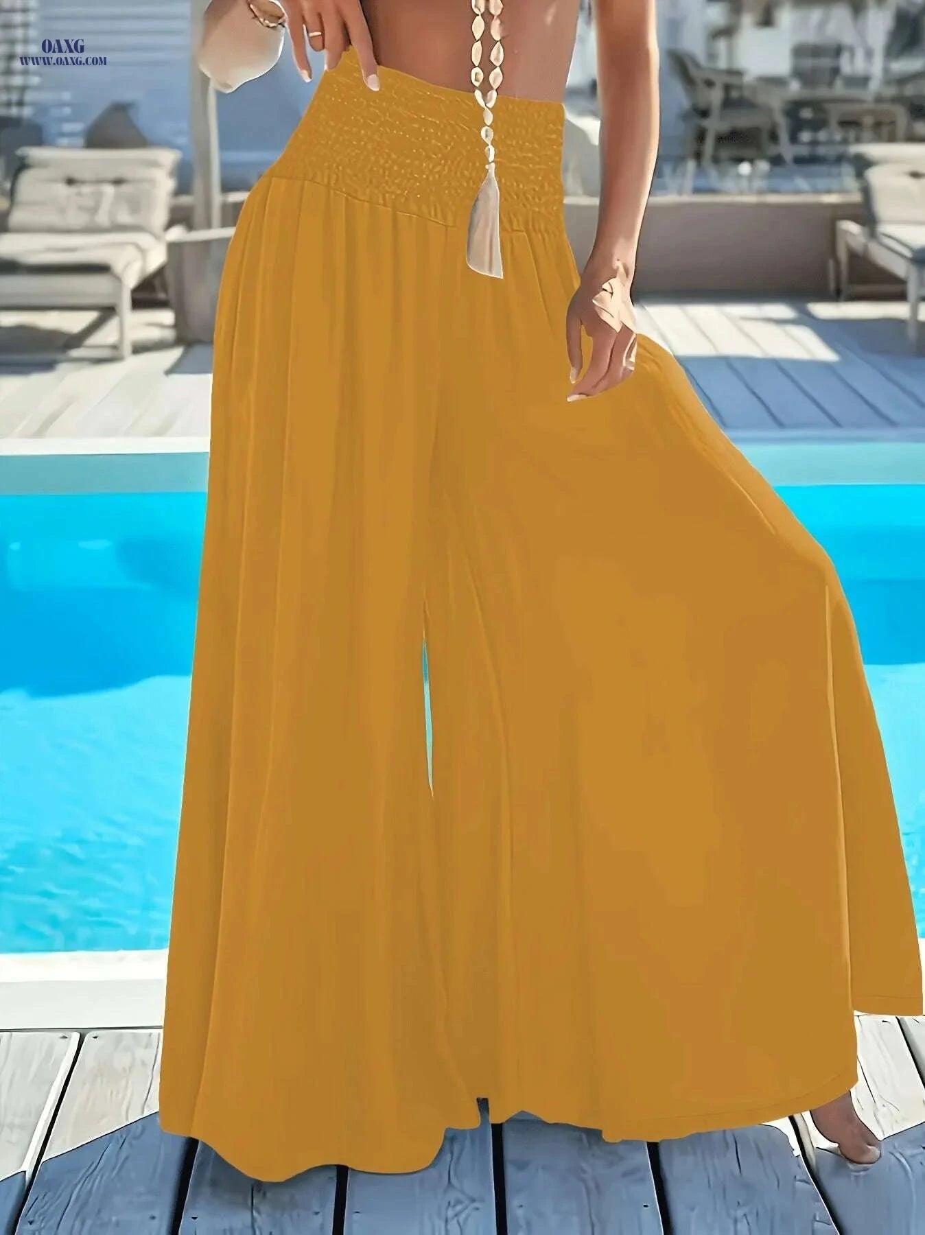 Elegant Women's Wide-Leg Flare Pants - Ruched Waist & Pockets   OAXG Coffee color / XS