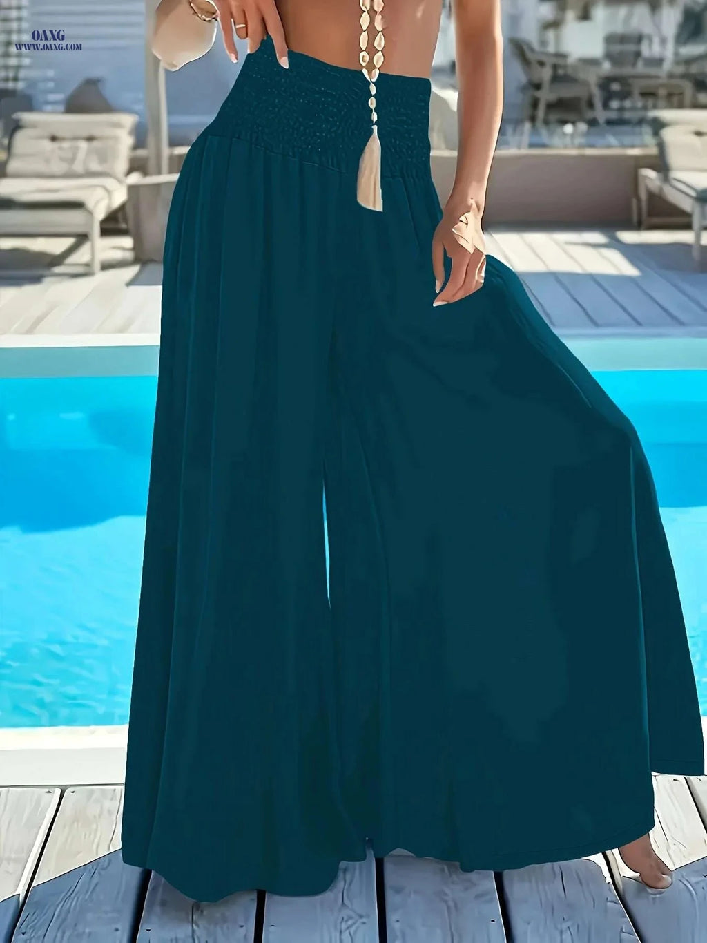 Elegant Women's Wide-Leg Flare Pants - Ruched Waist & Pockets   OAXG Coffee color / XS