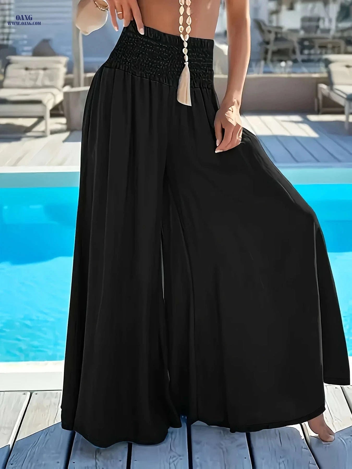 Elegant Women's Wide-Leg Flare Pants - Ruched Waist & Side Pockets   OAXG 