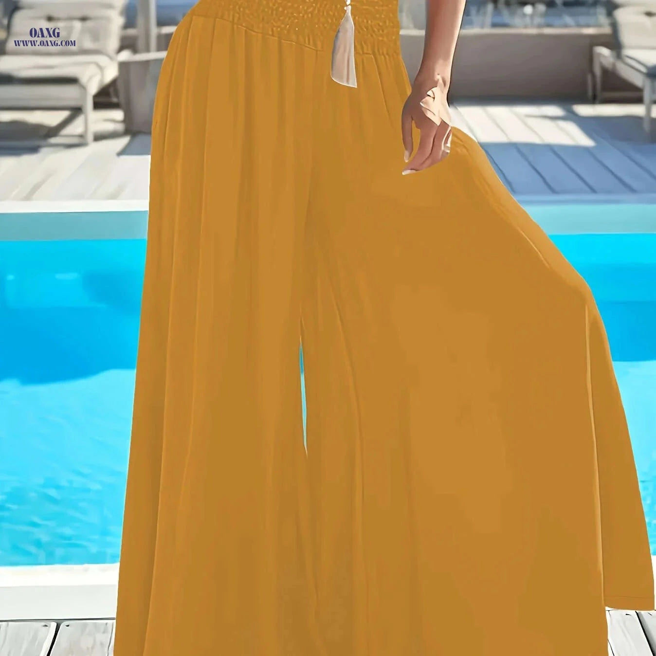 Elegant Women's Wide-Leg Flare Pants - Ruched Waist & Side Pockets   OAXG 