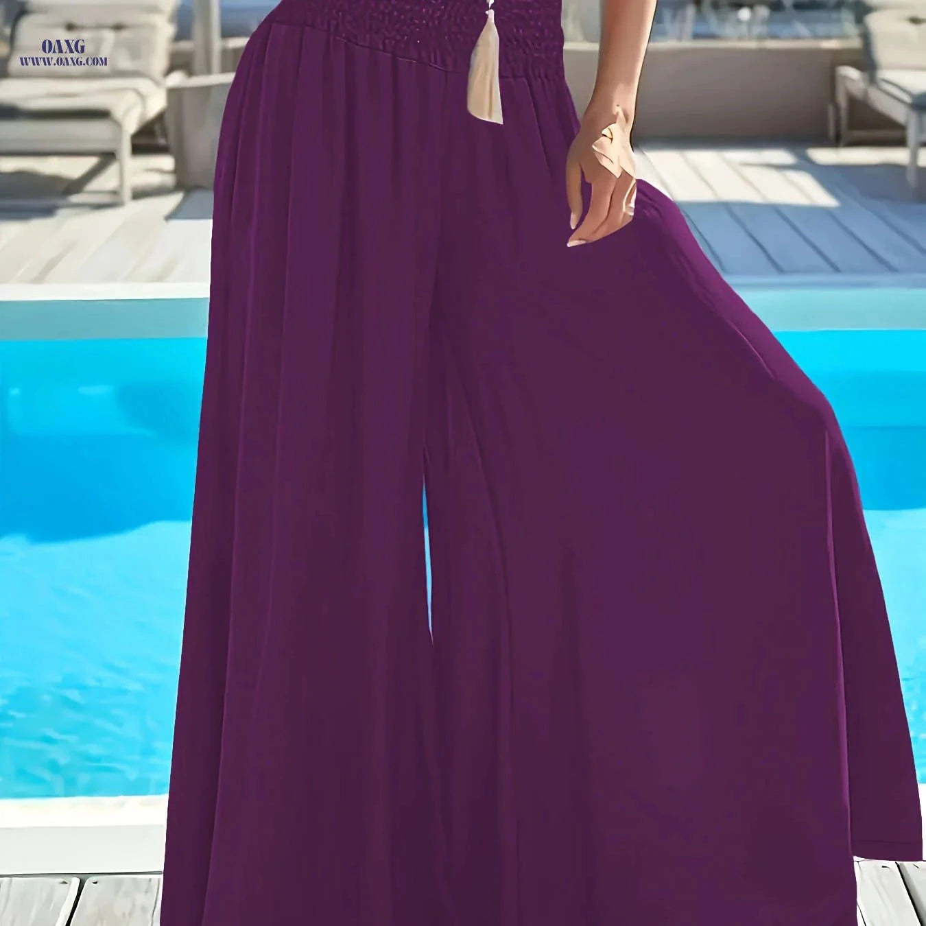 Elegant Women's Wide-Leg Flare Pants - Ruched Waist & Side Pockets   OAXG 