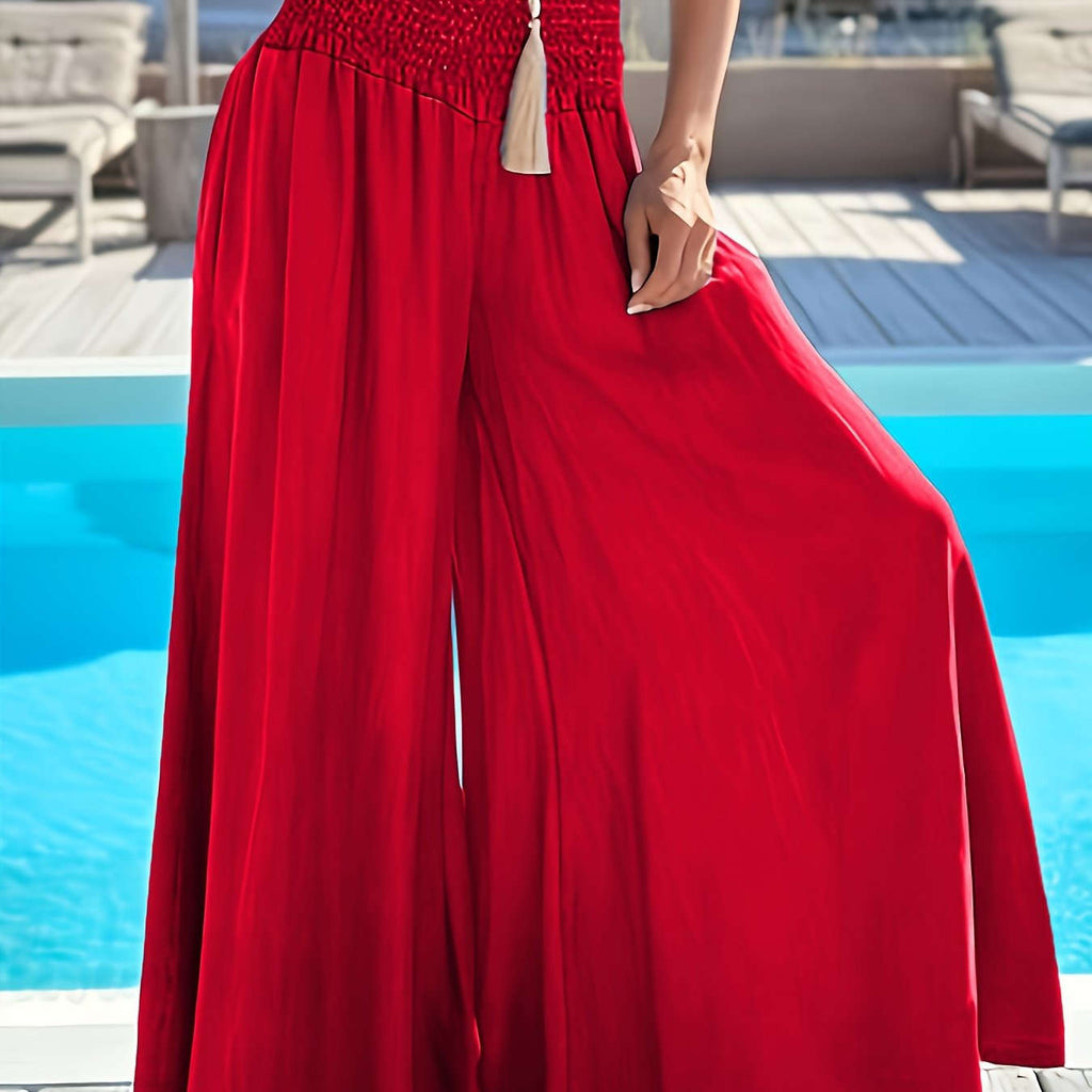 Elegant Women's Wide-Leg Flare Pants - Ruched Waist & Side Pockets   OAXG 