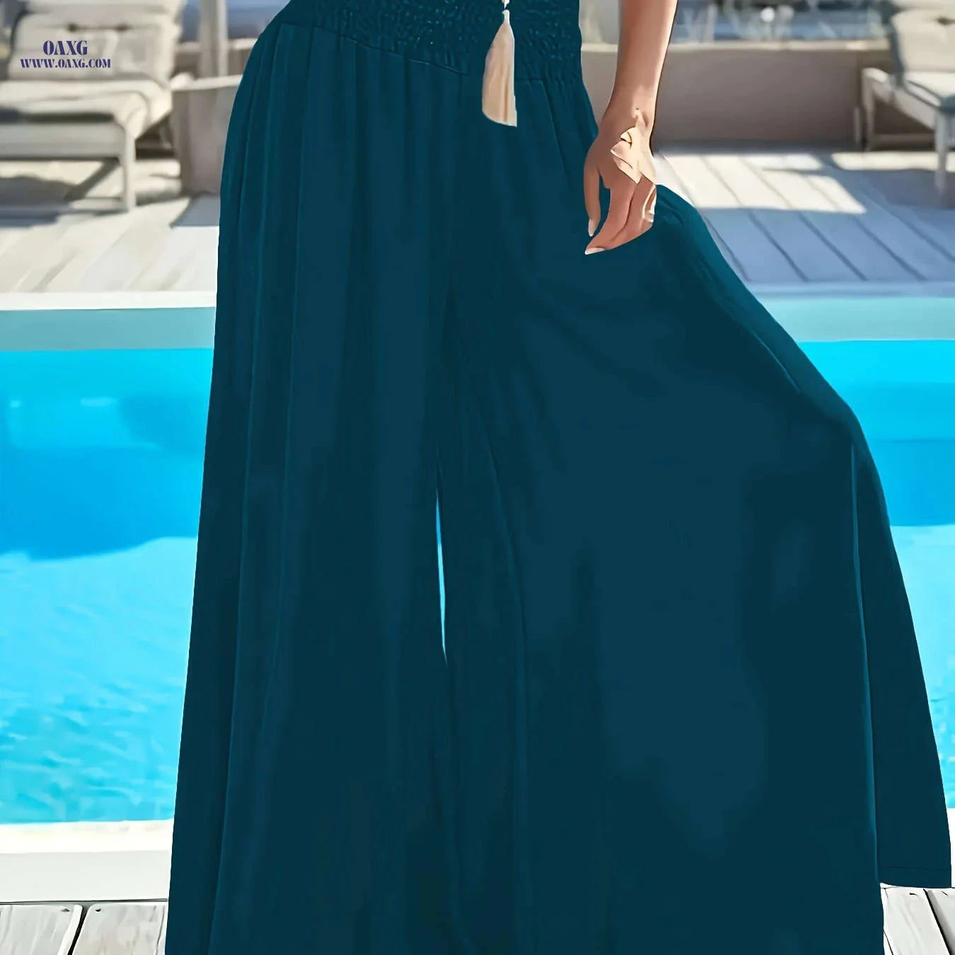 Elegant Women's Wide-Leg Flare Pants - Ruched Waist & Side Pockets   OAXG 