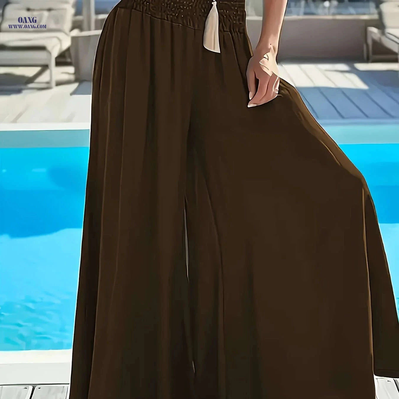 Elegant Women's Wide-Leg Flare Pants - Ruched Waist & Side Pockets   OAXG 