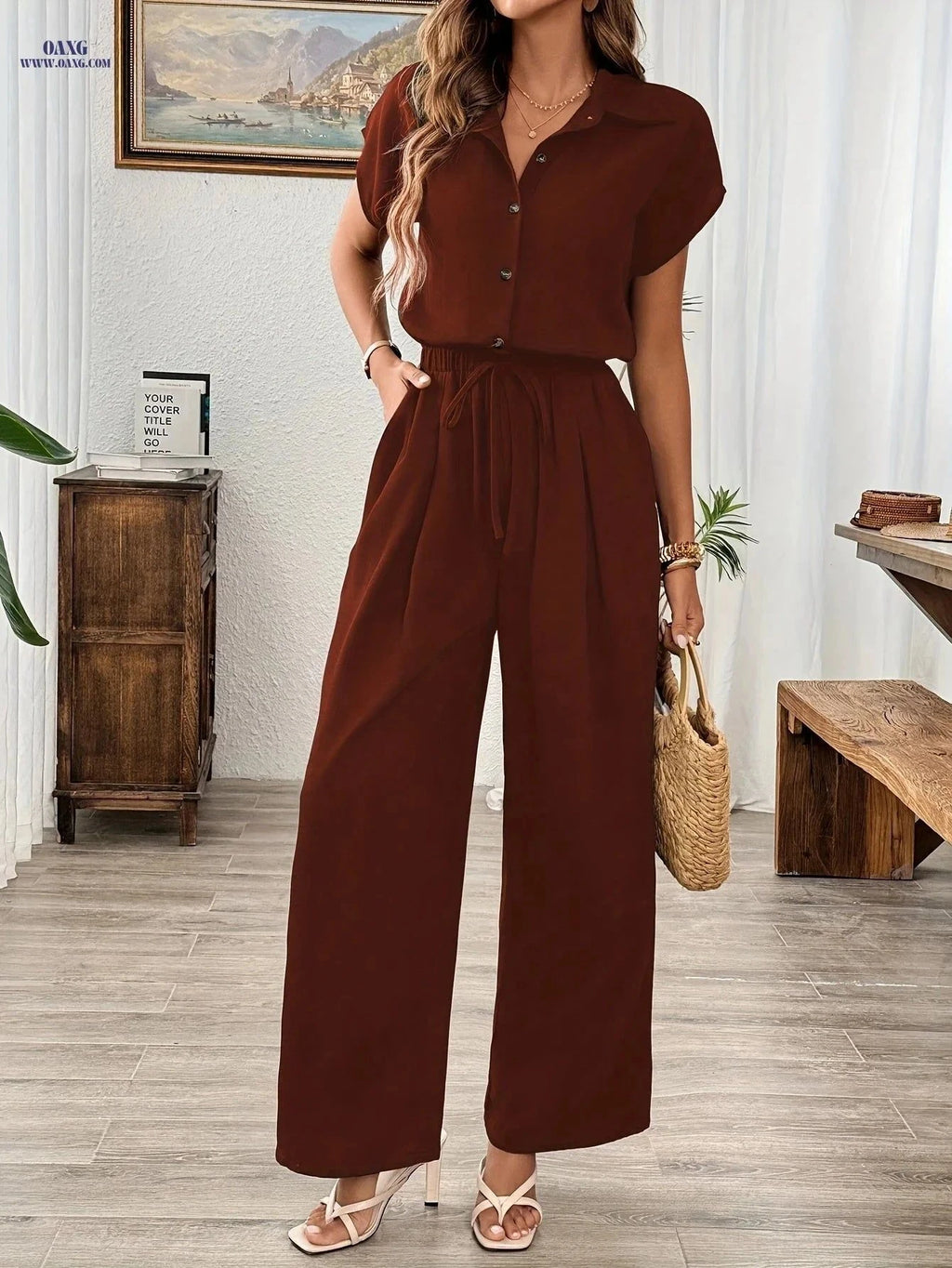 Elegant Women's Wide-Leg Jumpsuit - Solid Color for All Seasons   OAXG Black / S