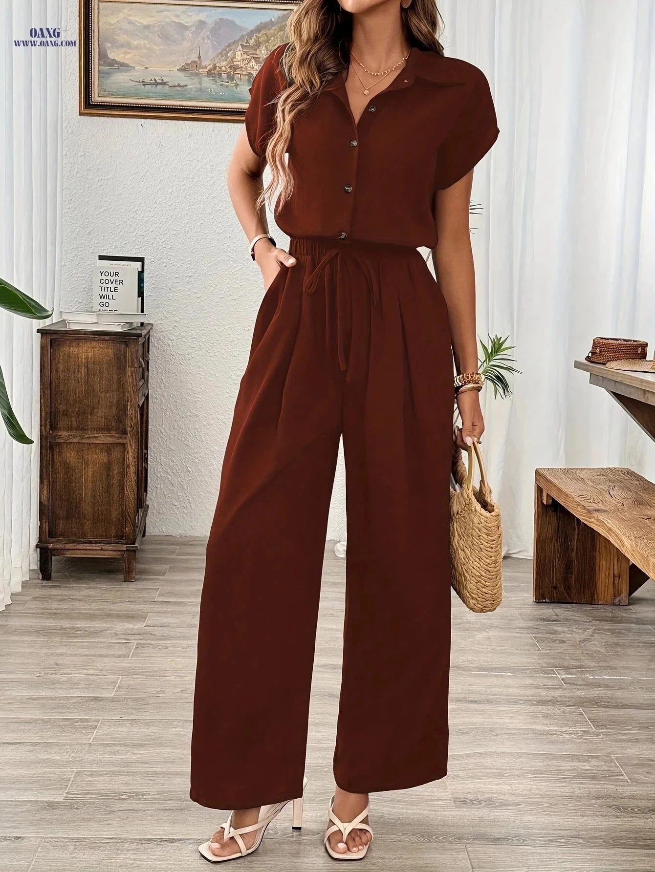 Elegant Women's Wide-Leg Jumpsuit - Solid Color for All Seasons   OAXG Black / S