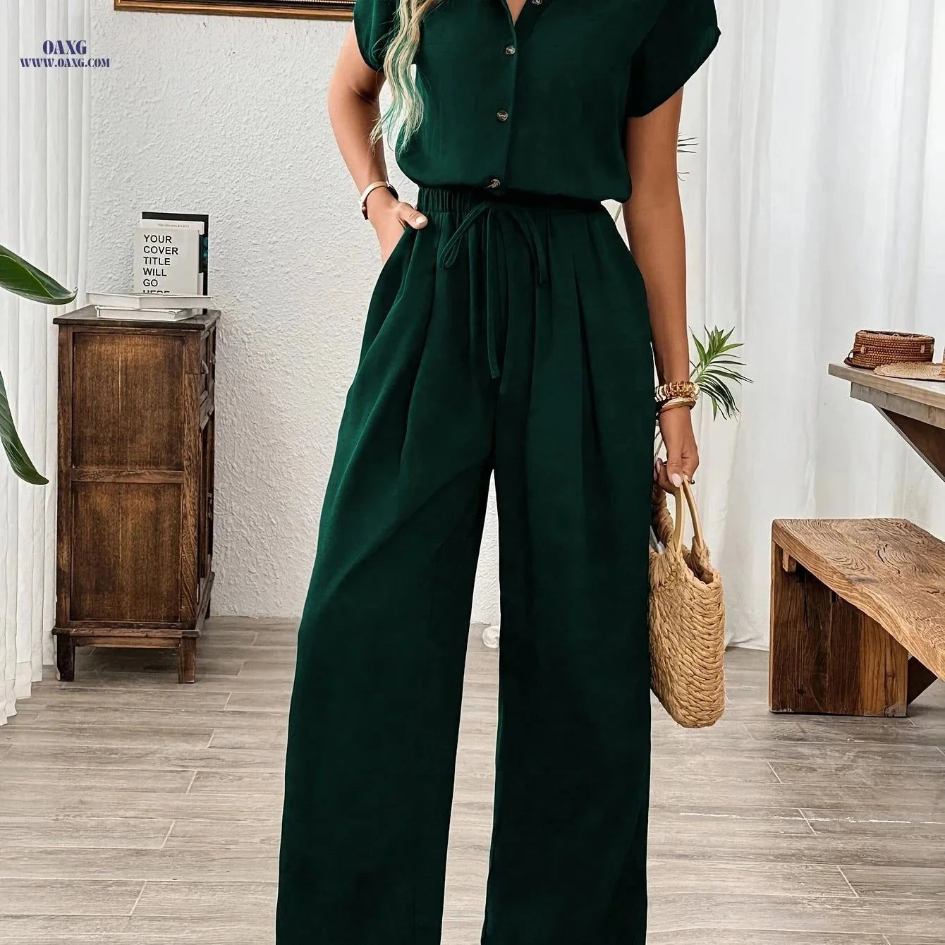 Elegant Women's Wide-Leg Jumpsuit - Solid Color for All Seasons   OAXG Black / S