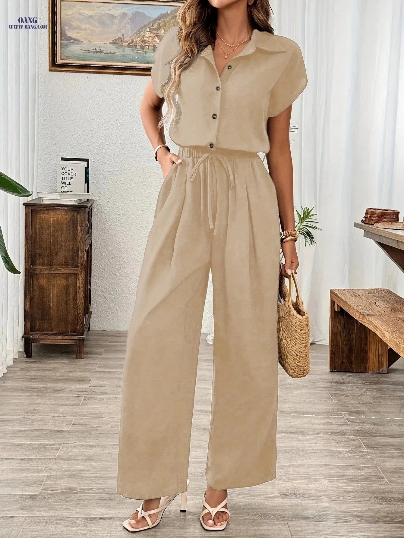 Elegant Women's Wide-Leg Jumpsuit - Solid Color for All Seasons   OAXG Black / S