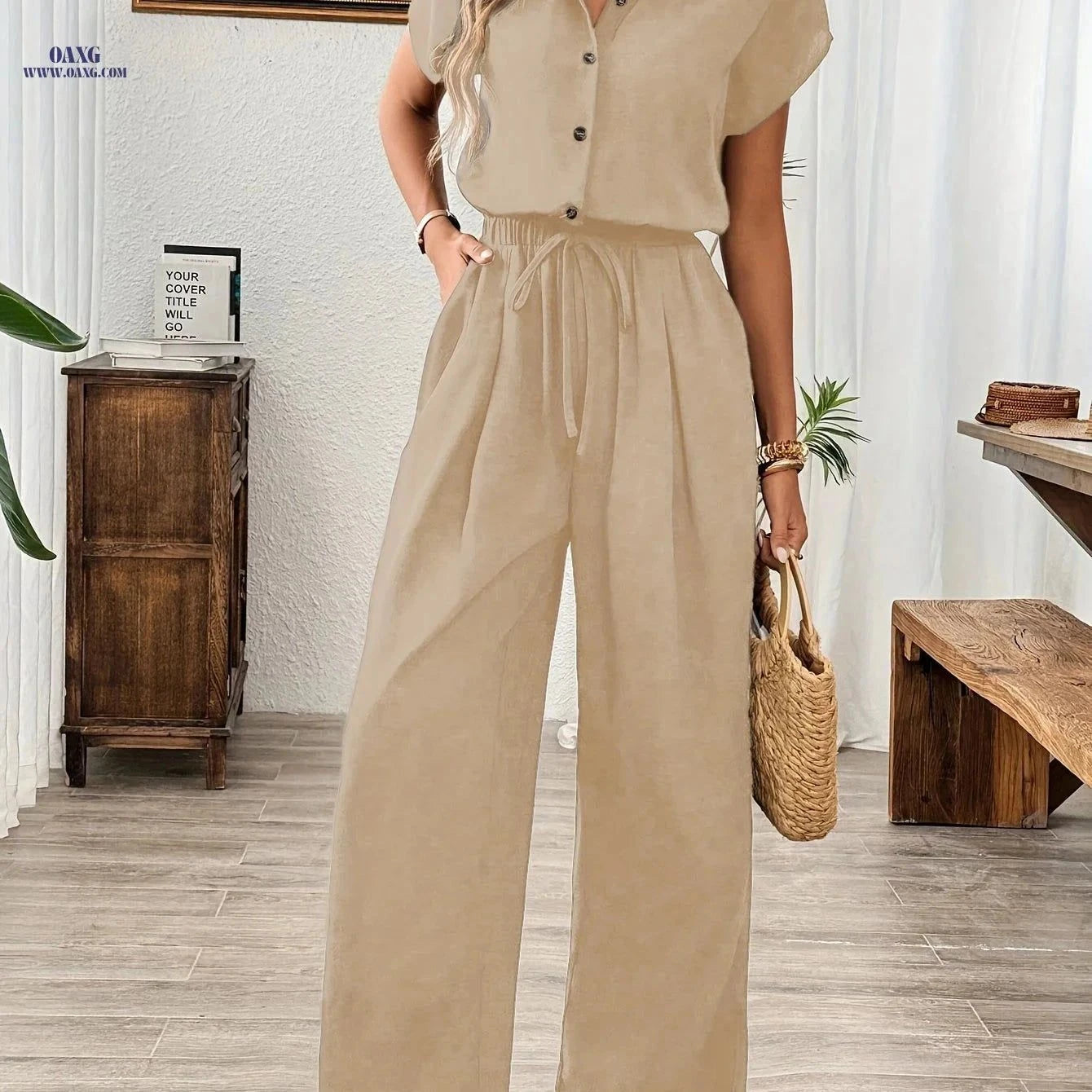 Elegant Women's Wide-Leg Jumpsuit - Solid Color for All Seasons   OAXG Black / S